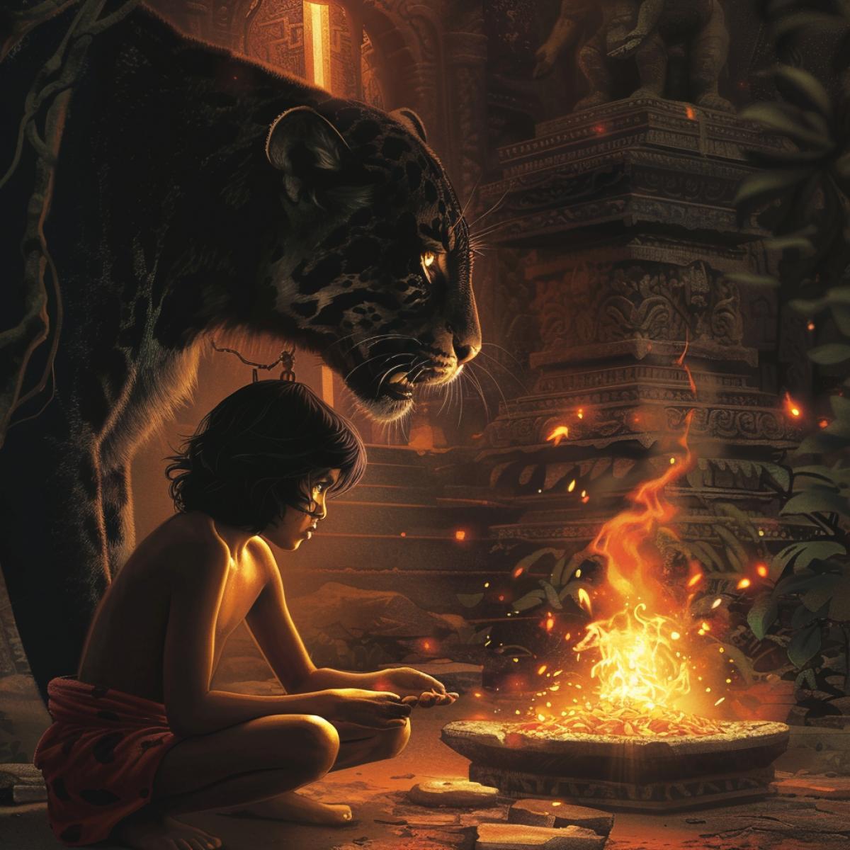 Mowgli, Bagheera and the Fire Flower