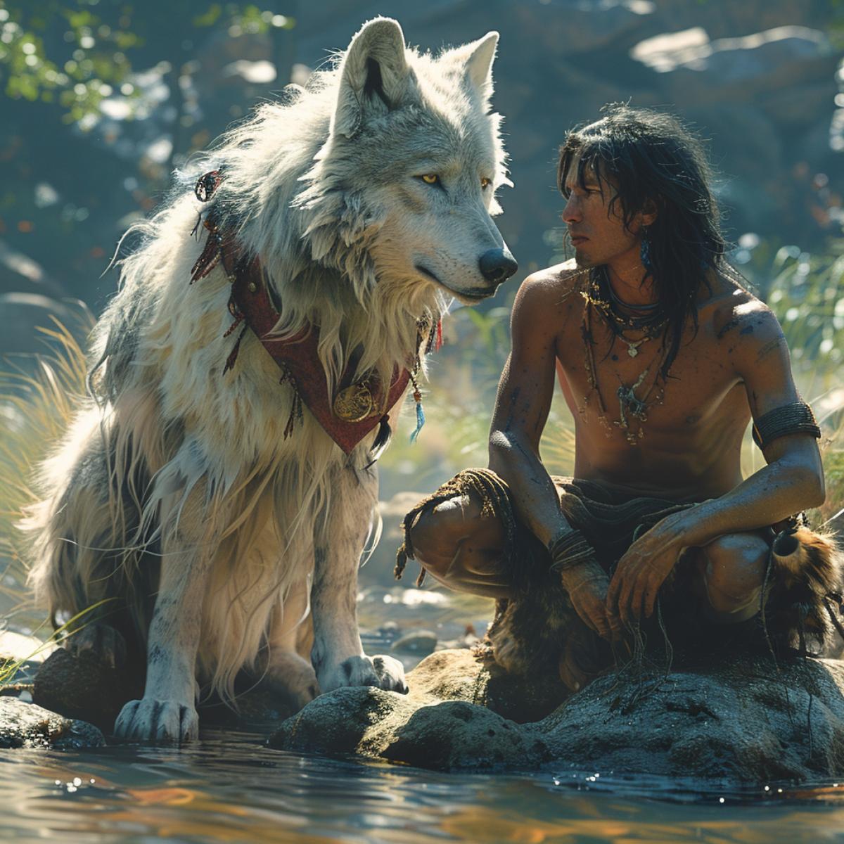 White wolf leader Akella and Mowgli sit on the rock of advice