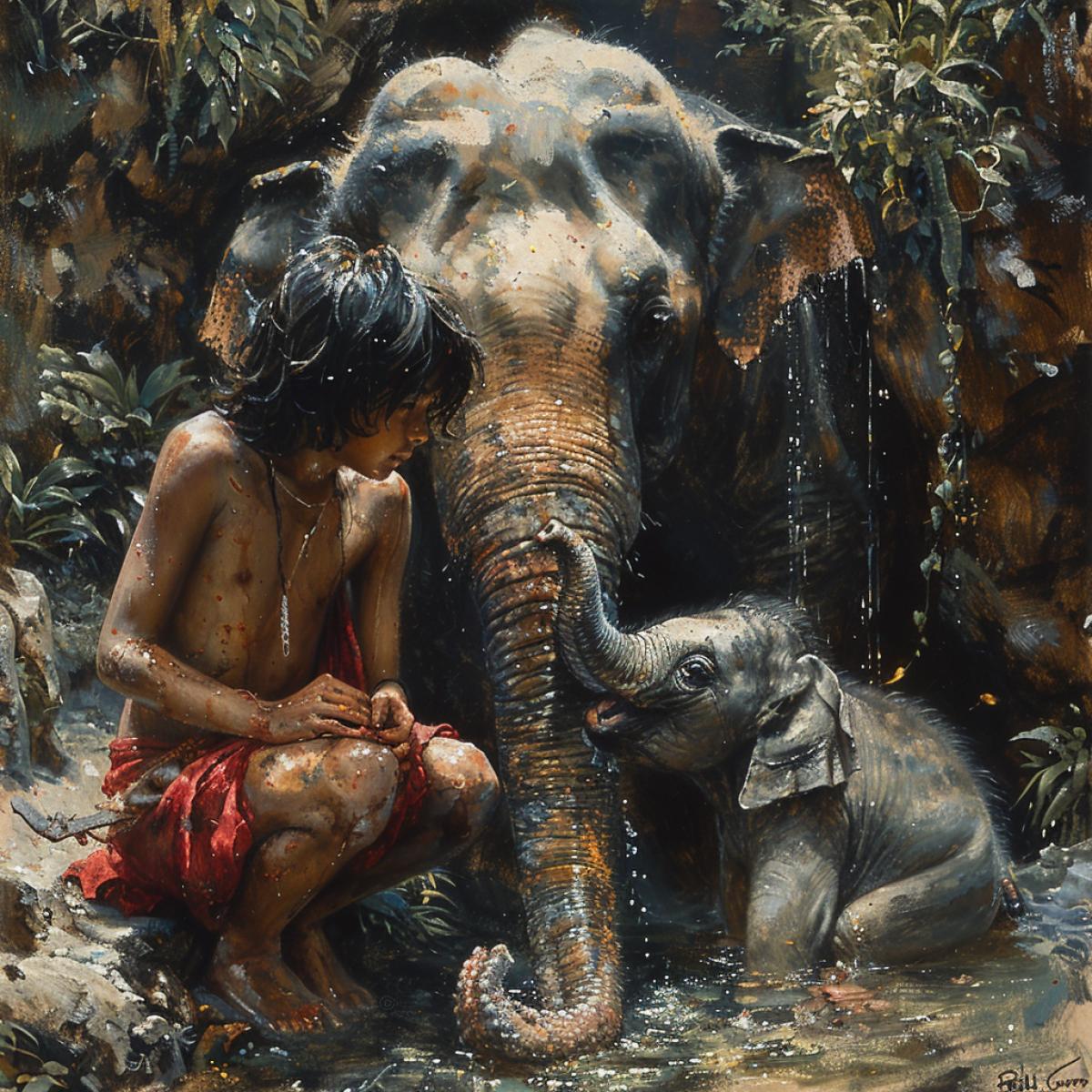 Mowgli helps a baby elephant out of a hole