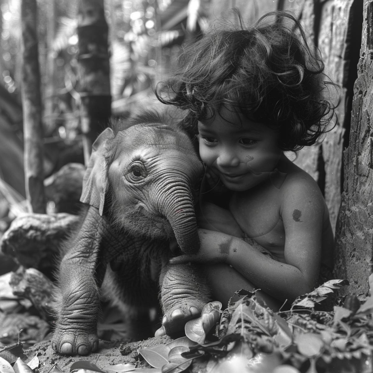 Mowgli helps a baby elephant out of a hole