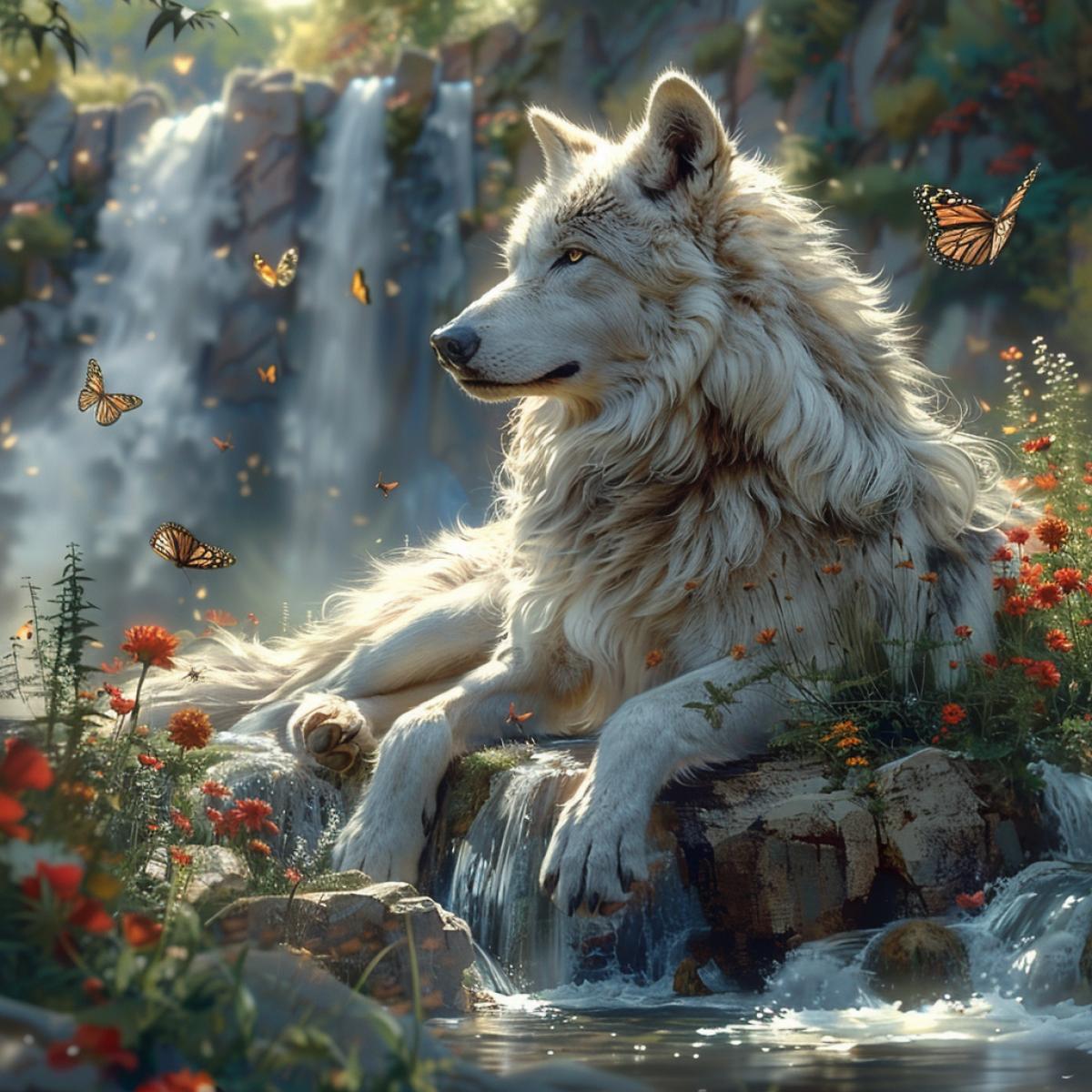 A huge white wolf Akella lies on a council rock against the backdrop of a waterfall, beautiful butterflies fly around, flowers bloom, natural lighting on a sunny warm day