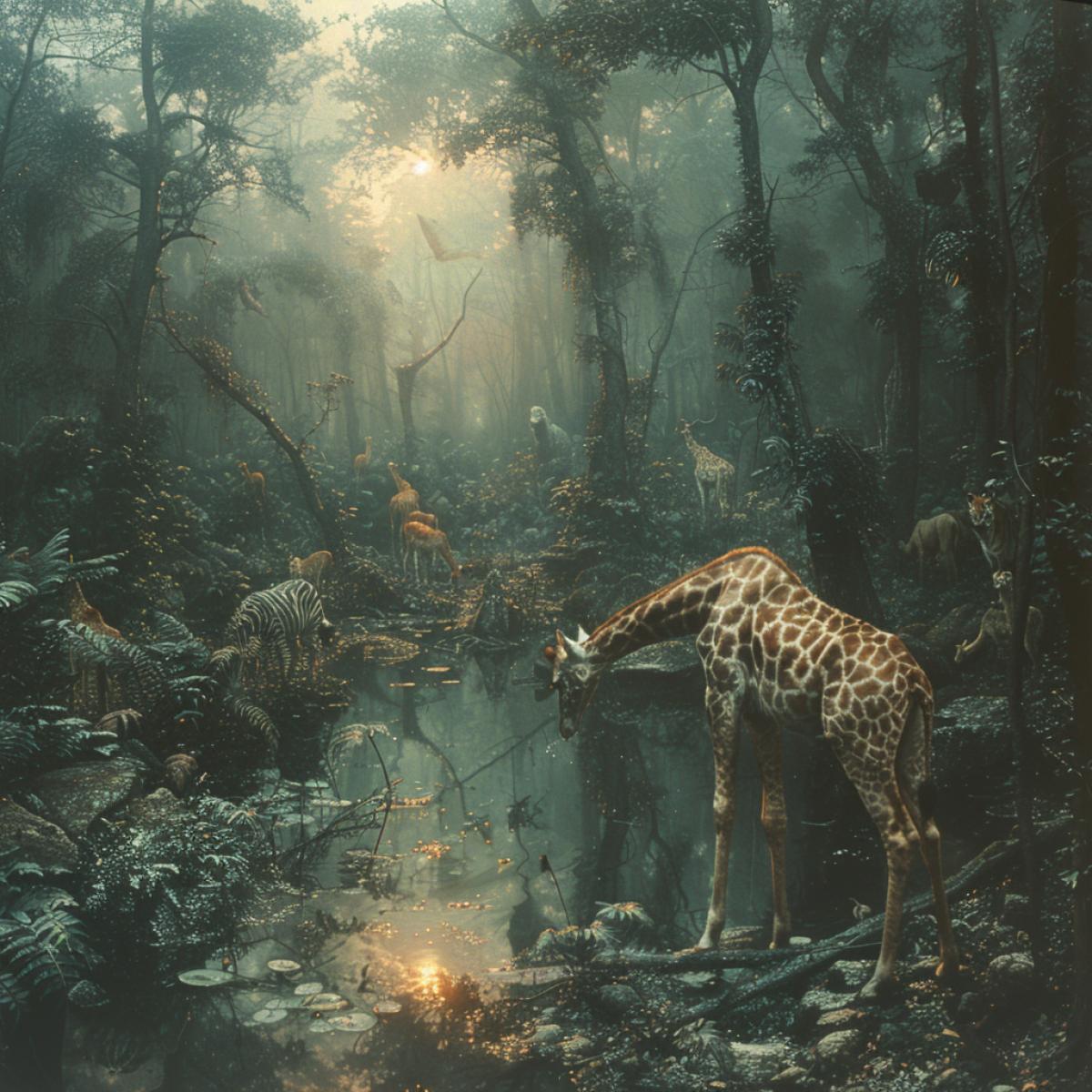 All the animals in the jungle gathered near the only source of water, and a water truce began in the jungle.