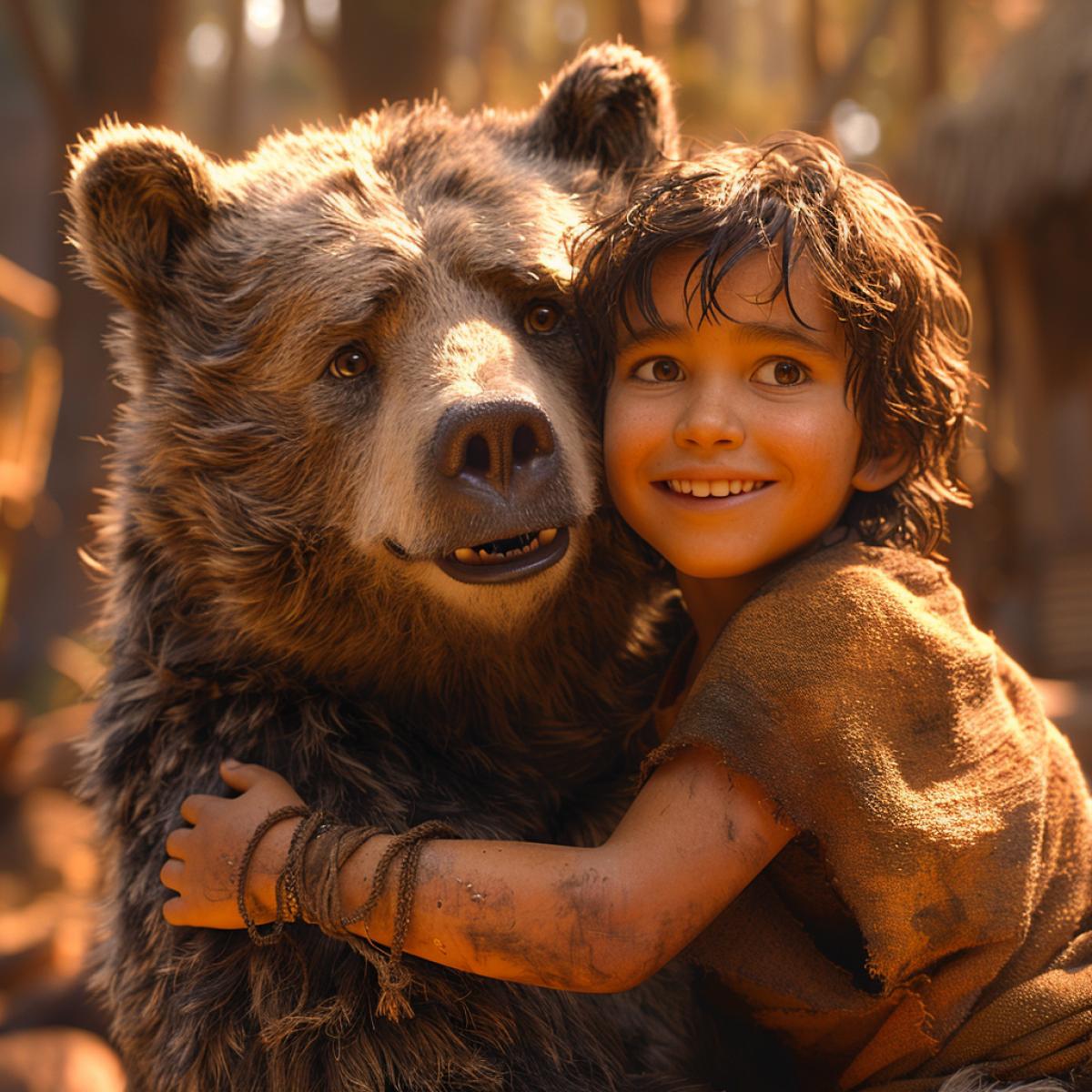 Ballu the bear carries the boy Mowgli on his shoulder and sings a song.