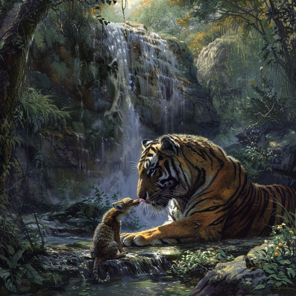 The huge tiger Sherkhan lies by the waterfall, the small, frail jackal Tabaqui licks the tigers paws