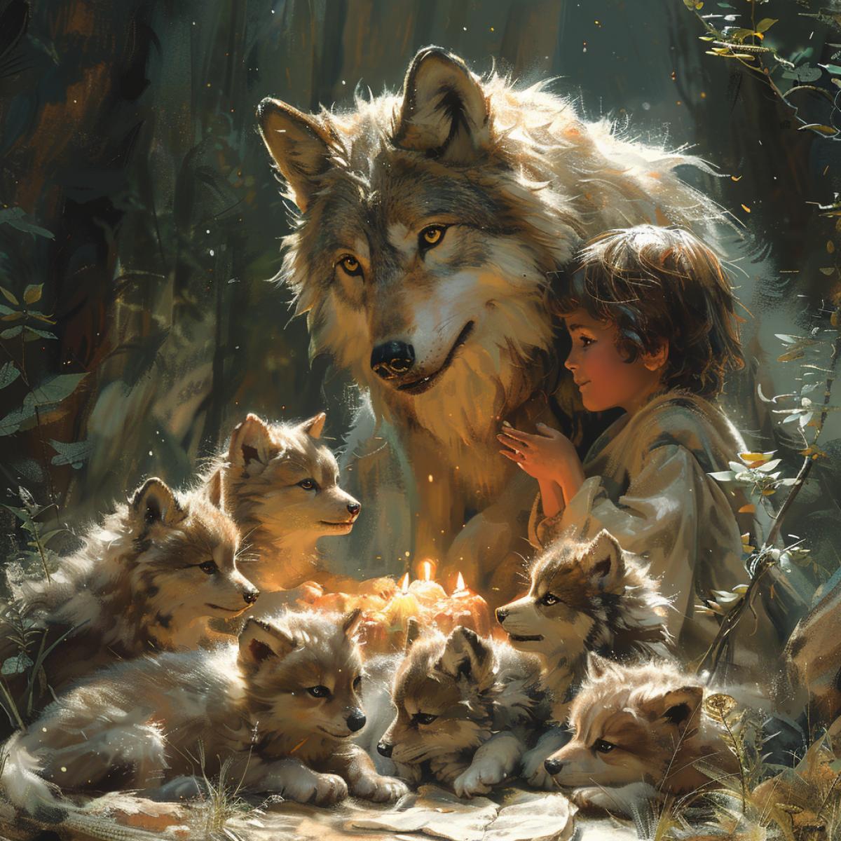 Jungle, night, cave, little wolf cubs play with a little boy, the wolf lies nearby and watches the game