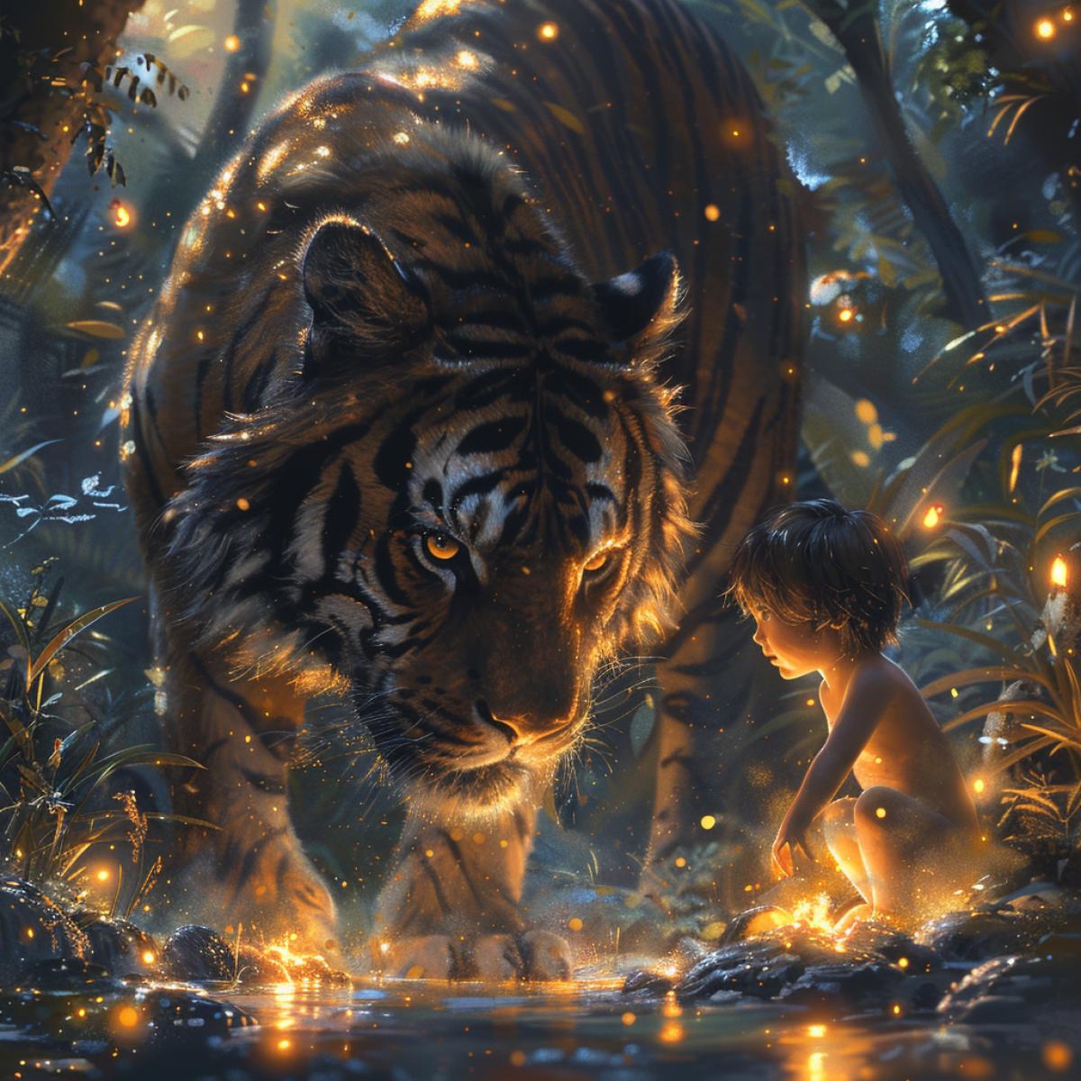 Huge tiger Sherkhan hunts with a little boy in the night jungle