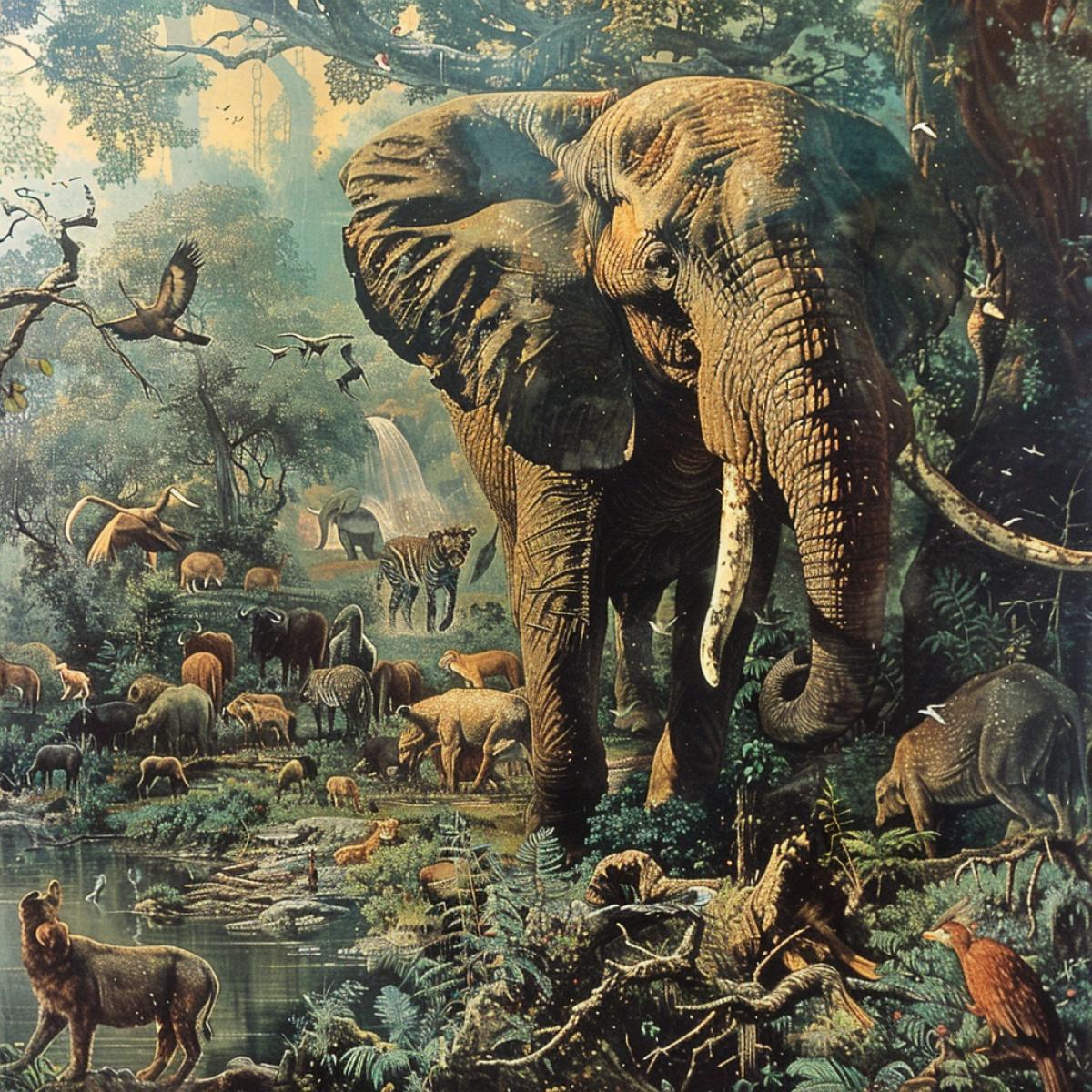 A drought has begun in the jungle, all the animals are gathering for watering, a large elephant, raising its hobs, declares a truce, now the hunters cannot hunt herbivores