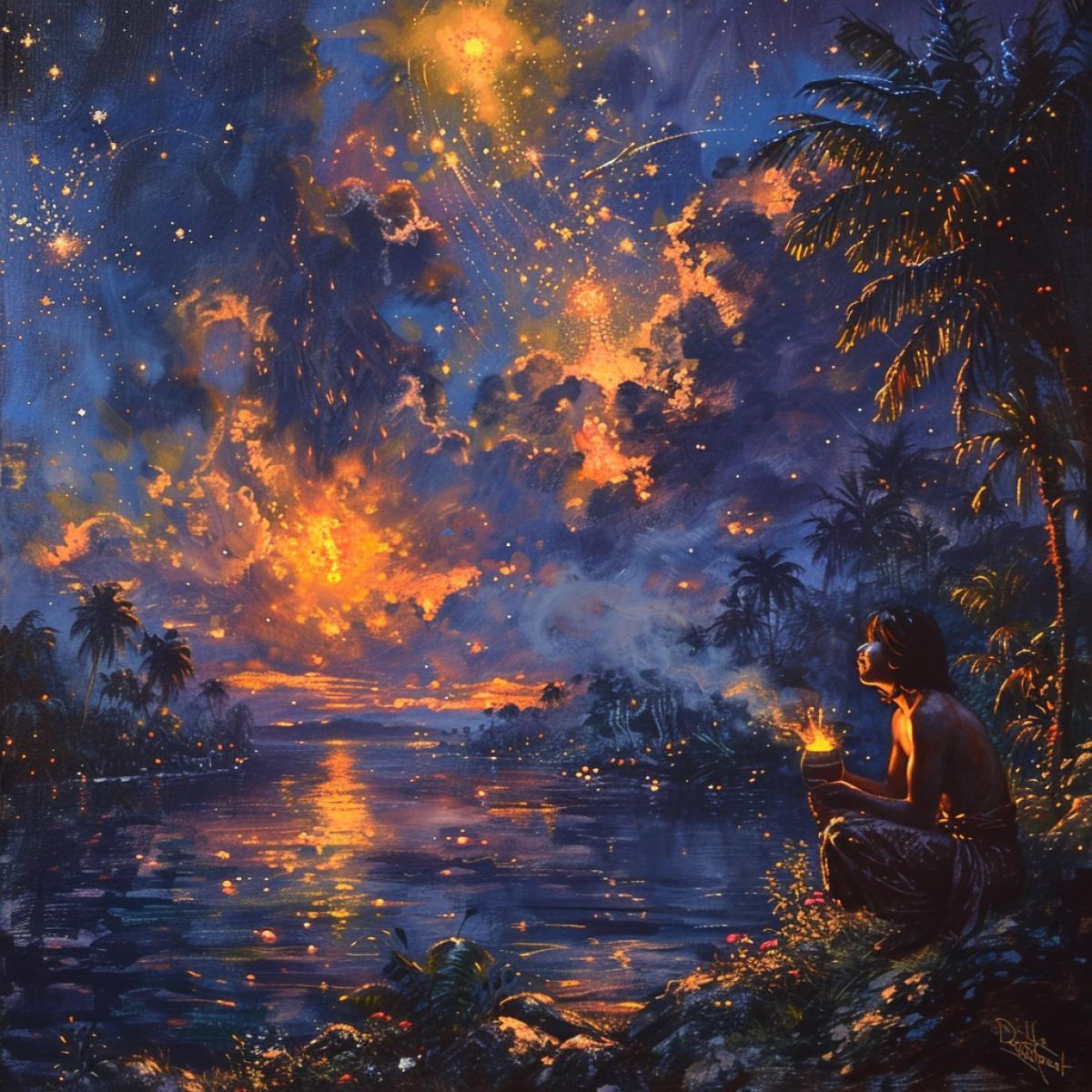 Starry night in the jungle, Mowgli blows coals in a jug and the fiery flower burns more and more