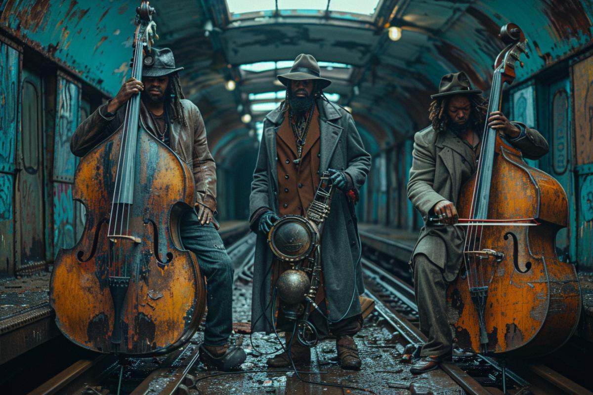 Post-apocalyptic steampunk street band, using makeshift instruments crafted from scavenged technology and industrial debris, performing on a rusted elevated train platform, cinematic lighting