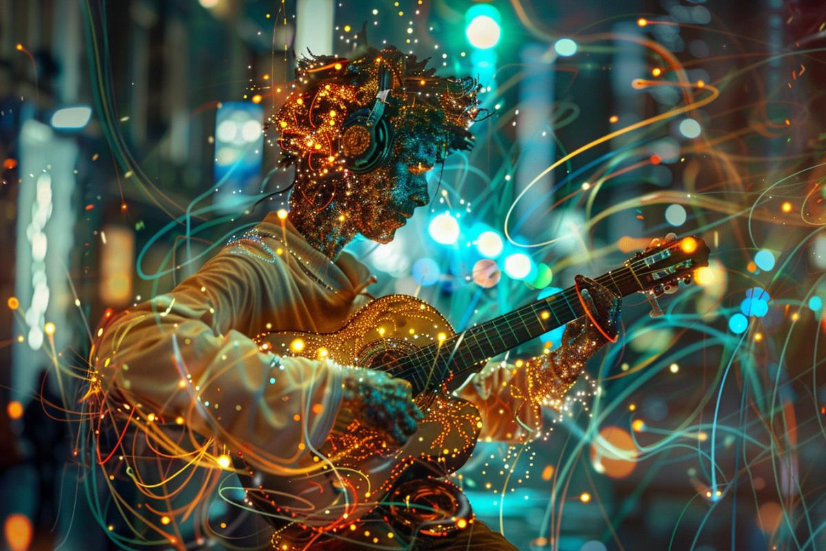 A street musician merging with the city, buildings forming his , traffic lights blinking in rhythm with his music, electric wires becoming his instrument, biopunk, intricate details, unsettling beauty