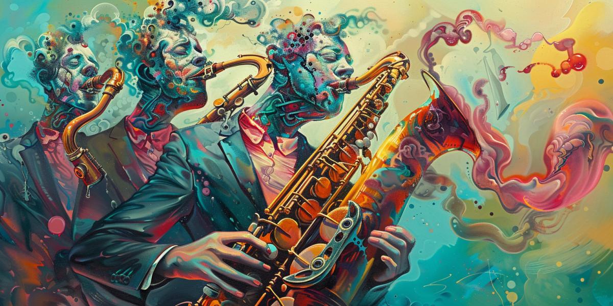 A musician with three heads playing a melting saxophone, surrounded by floating objects and distorted reality. The style is surrealism, bright but unreal colors, a feeling of sleep, abstract forms.