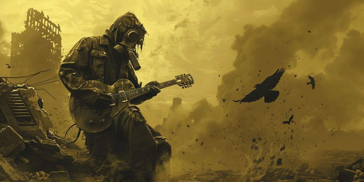 A lone musician in a gas mask playing the blues on a guitar made from a gas tank, against the backdrop of a destroyed city. Post-apocalyptic style, desert tones, a feeling of loneliness and melancholy, a flock of crows in the background.