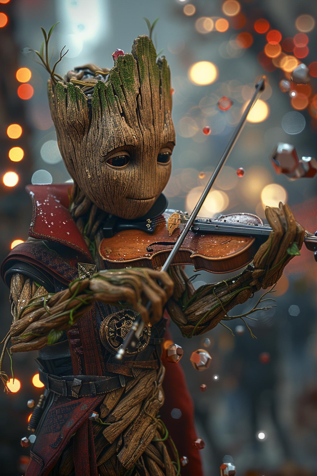 Hyper-realistic street musician Groot playing a violin made of his own branches, surrounded by floating Infinity Stones as percussion instruments, in New York City, with Doctor Strange creating magical sound effects in the background, cinematic lighting, 8k resolution