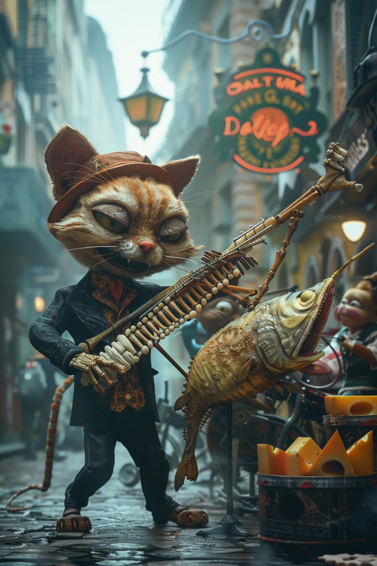 Hyper-realistic Tom cat as a street musician, playing a giant fish skeleton like a xylophone, with Jerry mouse conducting an ordetailedra of cheese wedges, in a ling 1940s city street, vibrant colors, detailed textures, 8k resolution