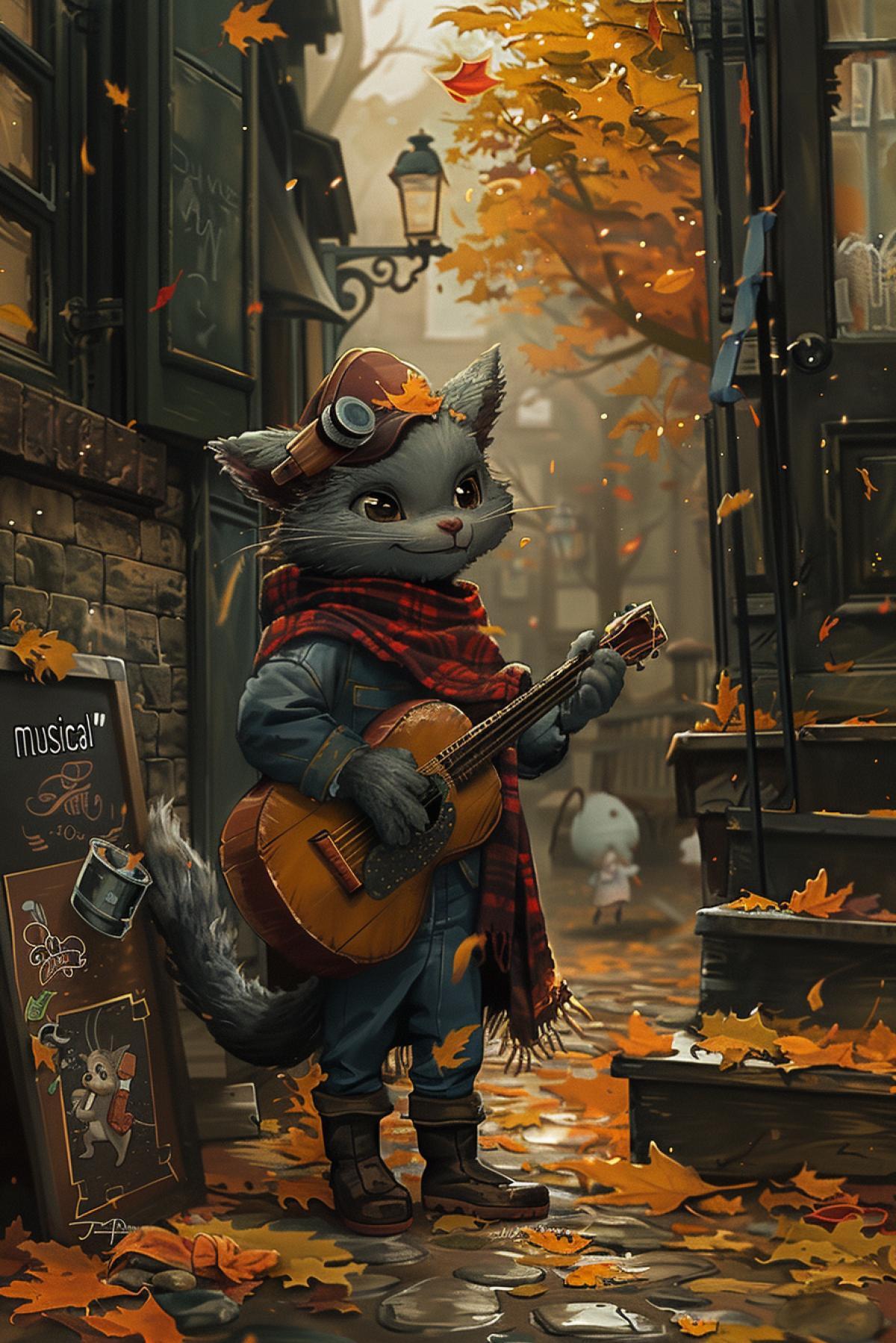Jerry conducts an ordetailedra of farm animals playing homemade instruments (tin cans, pots, combs). Tom tries unsuccessfully to stop this chaos, eventually becoming part of a \"musical\" performance. Location: a cozy courtyard, covered with autumn leaves. Style: caricature, exaggeration, bright colors, dynamics, slapstick comedy.