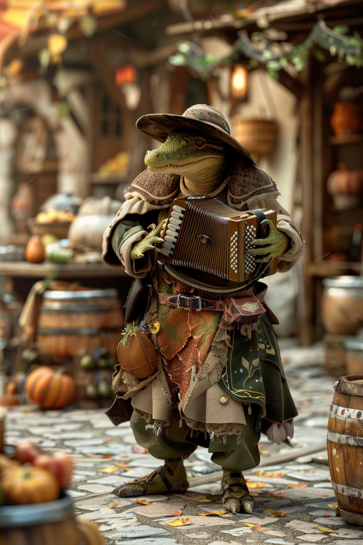 A humanoid crocodile, wearing a coat and beret, stands on a busy street playing an accordion. Crocodile Gena. Painting with colored pencils, high sharpness of details.