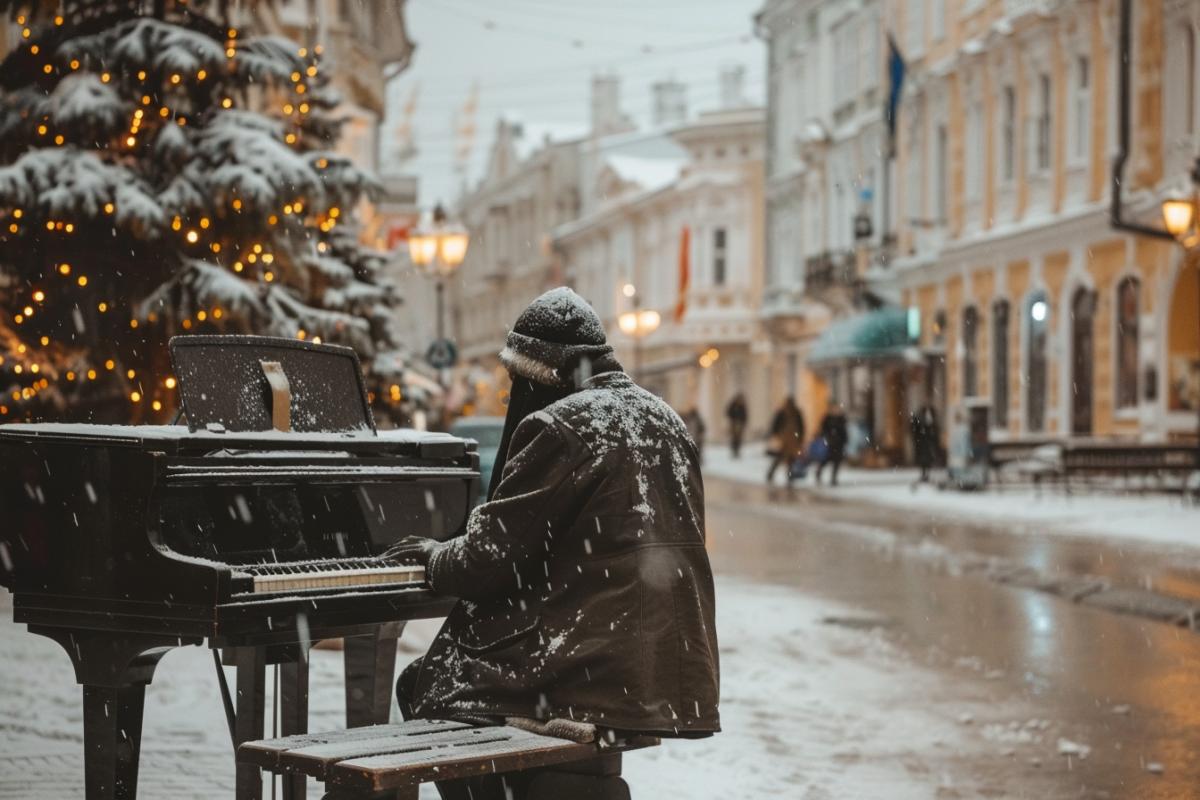 A beggar octopus in a coat plays the piano on the street, the street is full of holiday lights, but the octopus musician is sad.