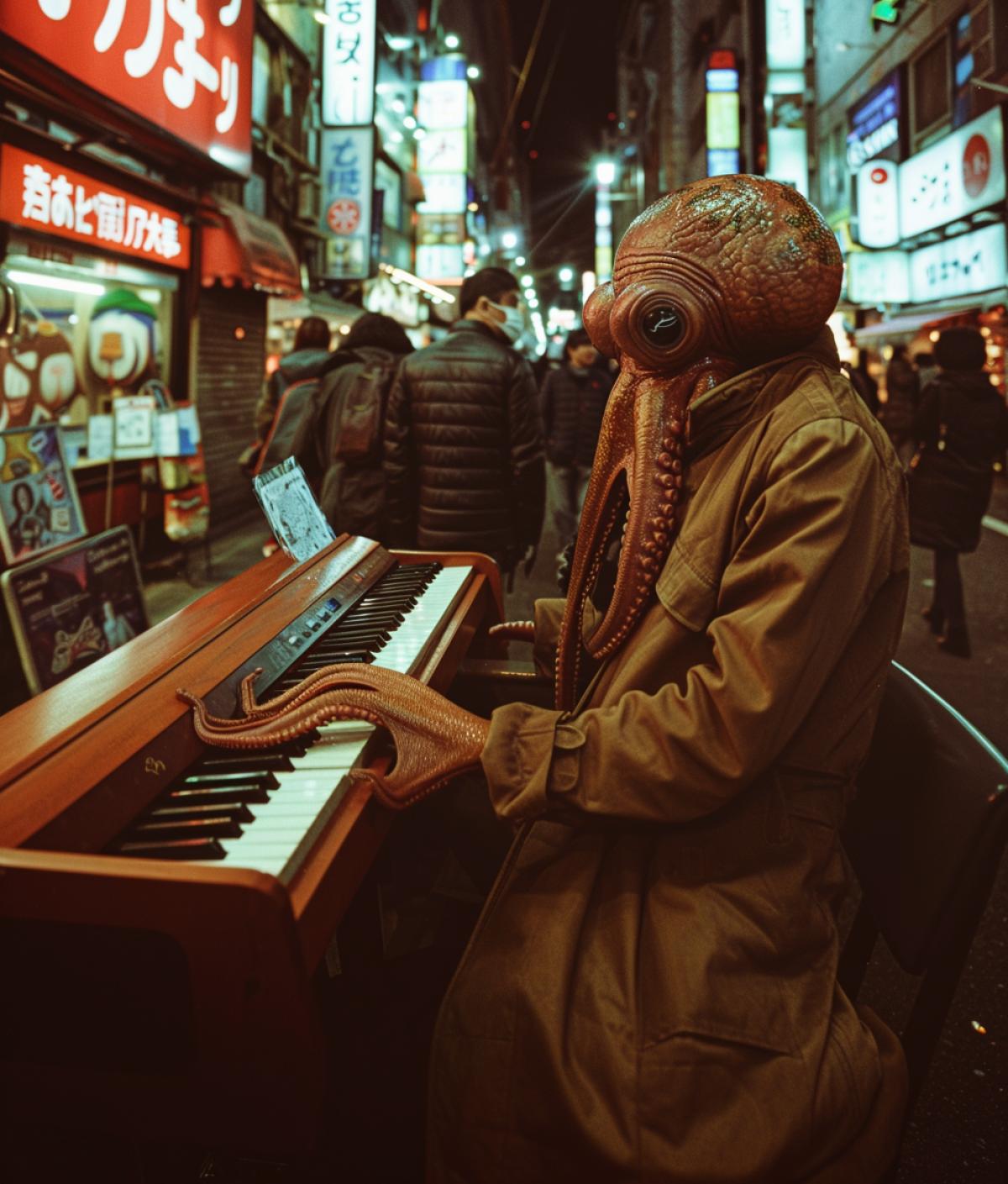 A beggar octopus in a coat plays the piano on the street, the street is full of holiday lights, but the octopus musician is sad.