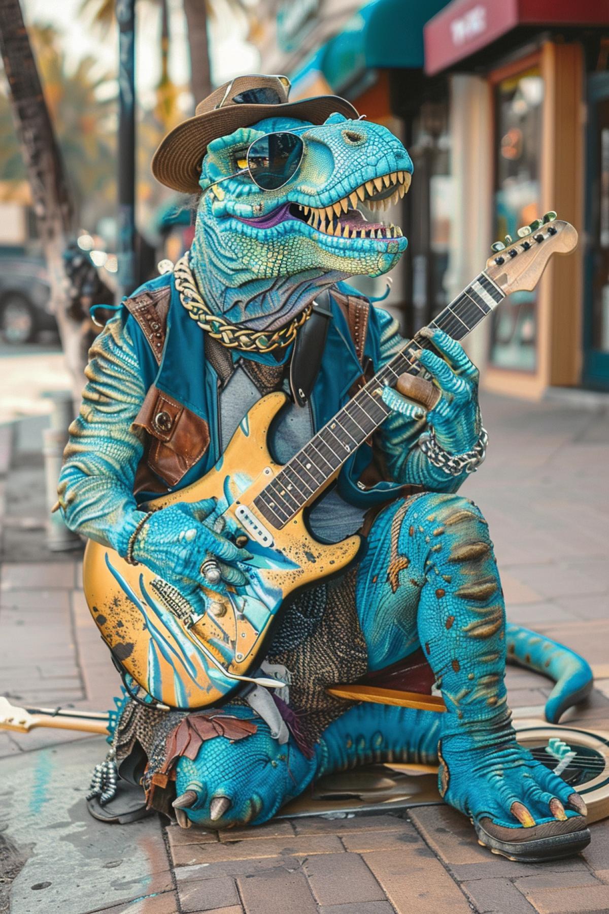 Street musicians gold and blue dinosaurs, electric guitars, fun