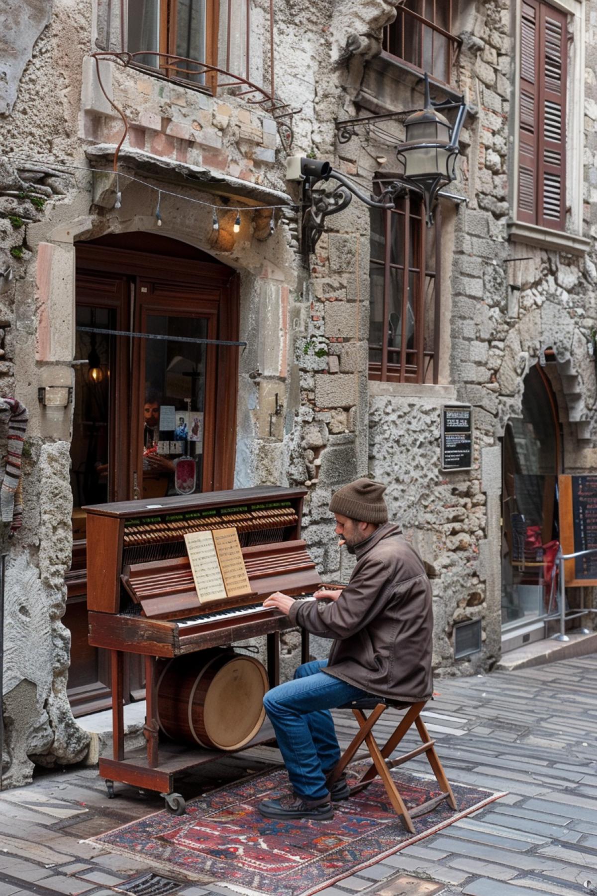 A street musician plays a barrel organ near an old stone building in the Rococo style.