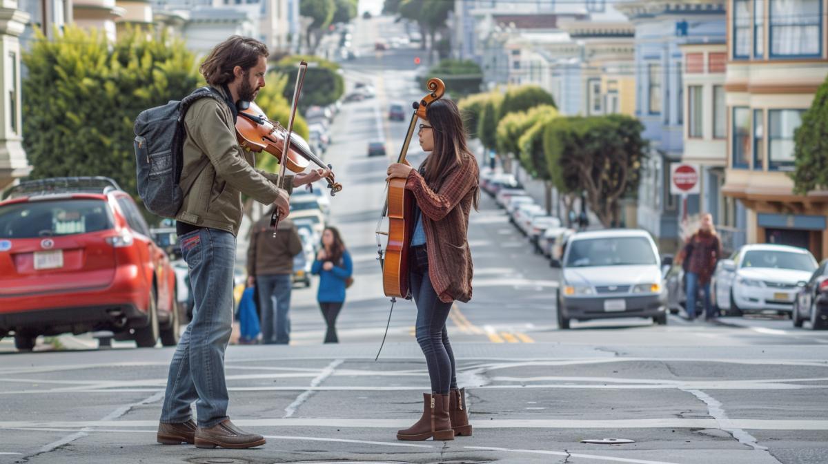 musical ordetailedra walking along the cobblestones of San Francisco