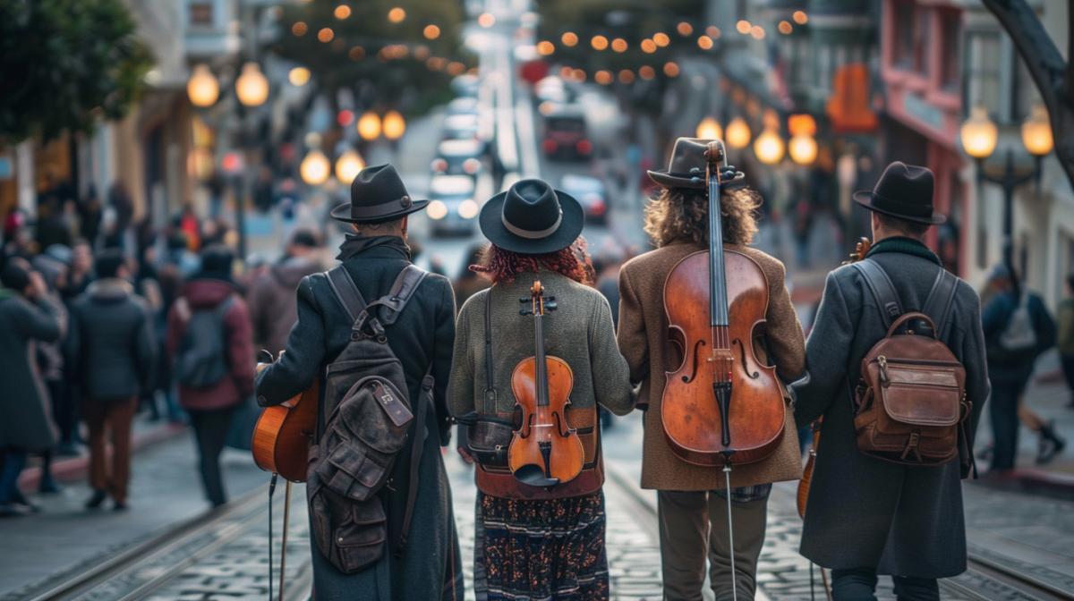 musical ordetailedra walking along the cobblestones of San Francisco
