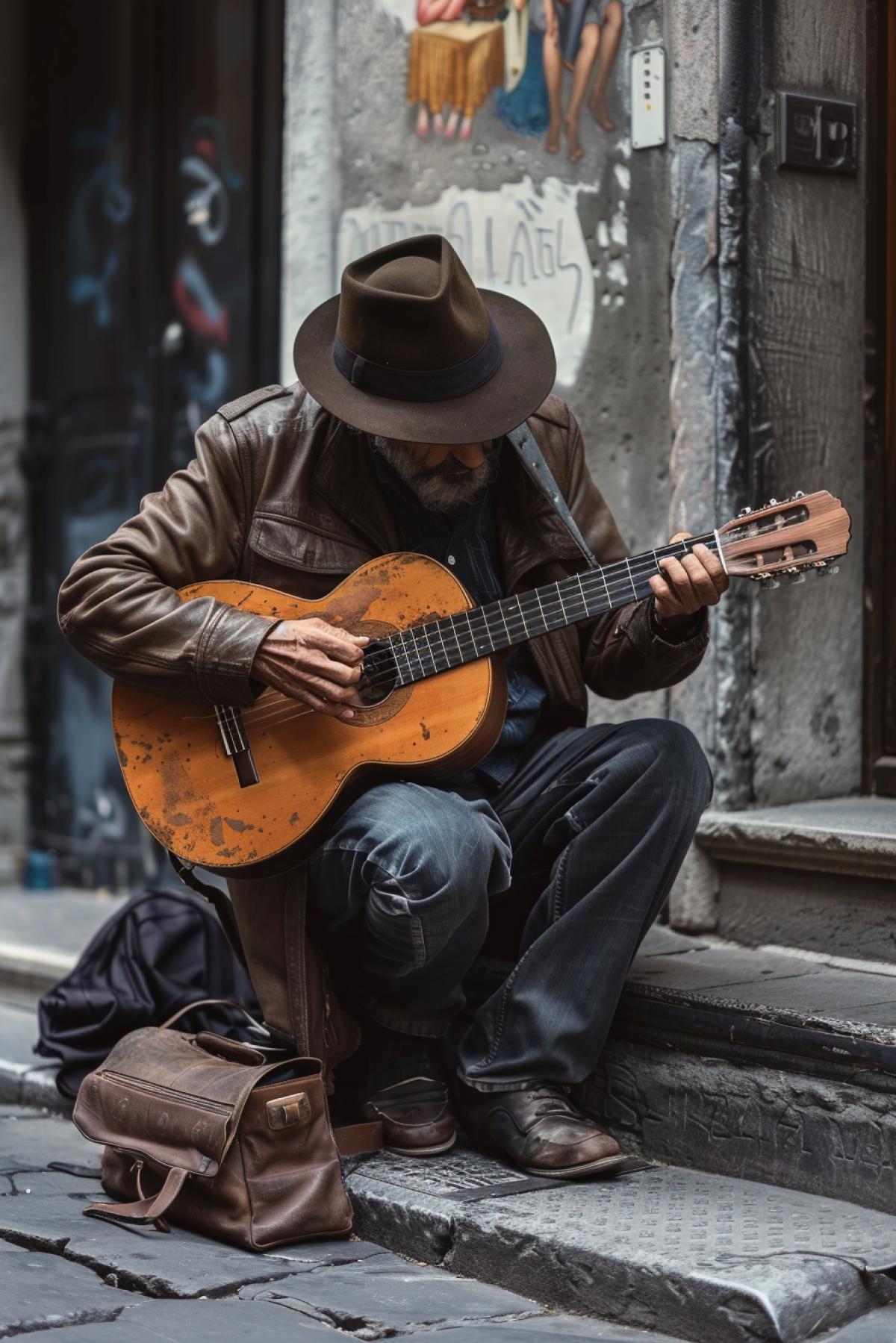 Musician playing musical instruments, on the street in Italy