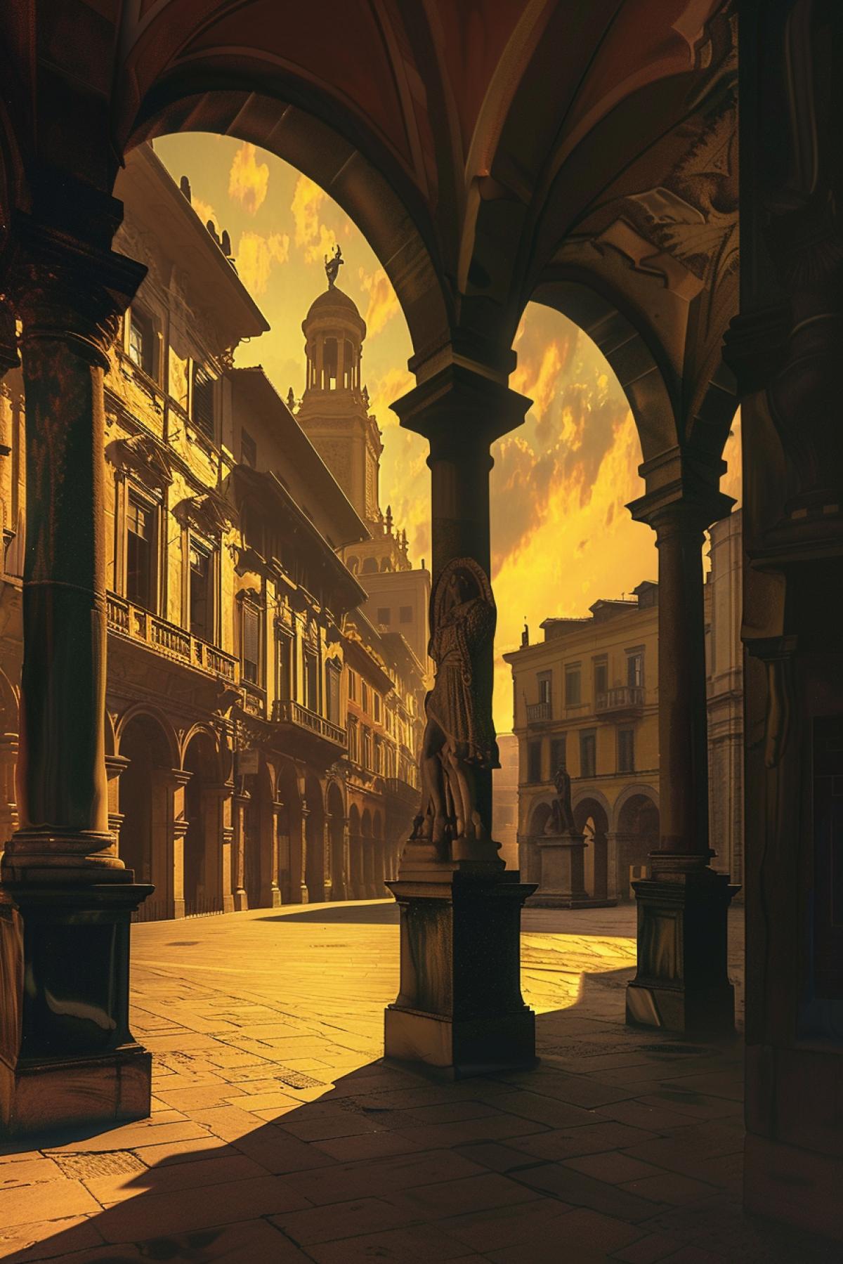 A deserted city square in the style of Giorgio de Chirico, long shadows from tall buildings with classical architecture, arched passages and colonnades, in the center a statue of an ancient warrior, the sky is painted in deep yellow-orange tones of sunset, in the foreground an ancient fountain, the middle ground statue and arches, background buildings with dark windows, an atmosphere of silence and mystery, a sense of time paradox, contrast of light and shadow, surreal perspective, works by de Chirico.