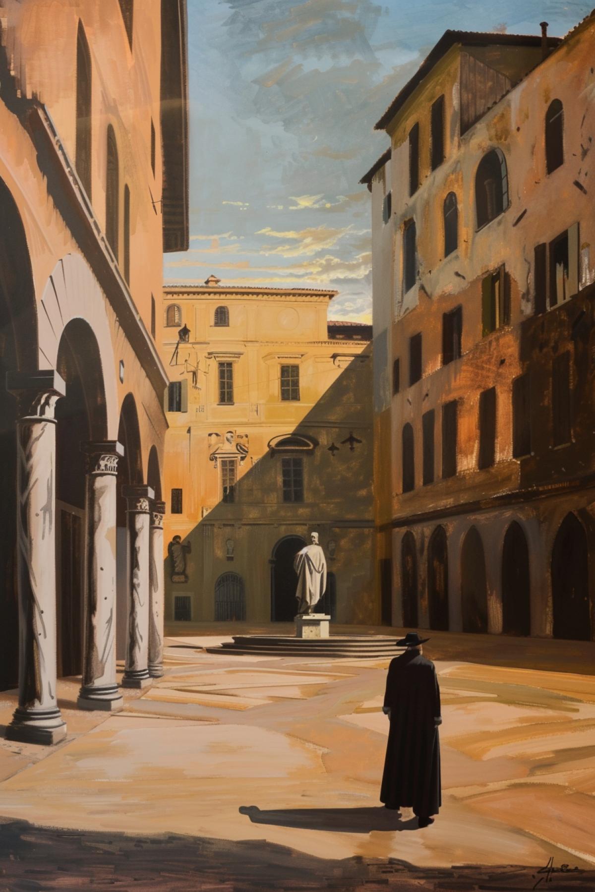 City square, painting in the style of Giorgio de Chirico, long shadows from tall buildings with arched windows, in the center an antique statue, a lone man in a long cloak and hat, in the foreground marble columns and a fountain, middle ground a man and a statue, background buildings with dark windows, the sky painted in warm sunset colors, a feeling of emptiness and mystery, contrast of light and shadow, metaphysical atmosphere, elements of classical architecture and surreal style, works by de Chirico.