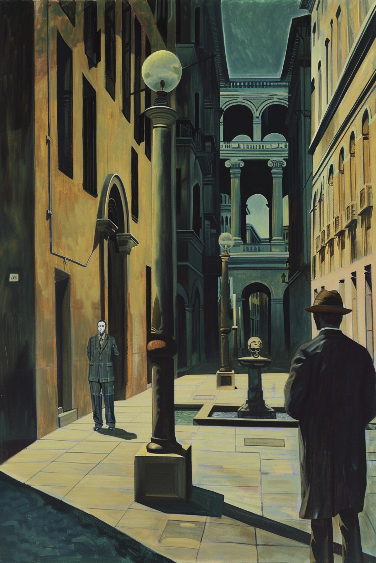 Street, painting in the style of Giorgio de Chirico, long shadows from tall buildings, arched passages, a man in a suit and hat stands by a fountain, next to a mannequin with an antique mask, in the foreground there is a sidewalk and street lamps, the middle ground is a man and a mannequin, background buildings with colonnades, evening light creates deep shadows, an atmosphere of mystery and loneliness, metaphysical silence, classical architecture, surreal perspective, works by de Chirico.