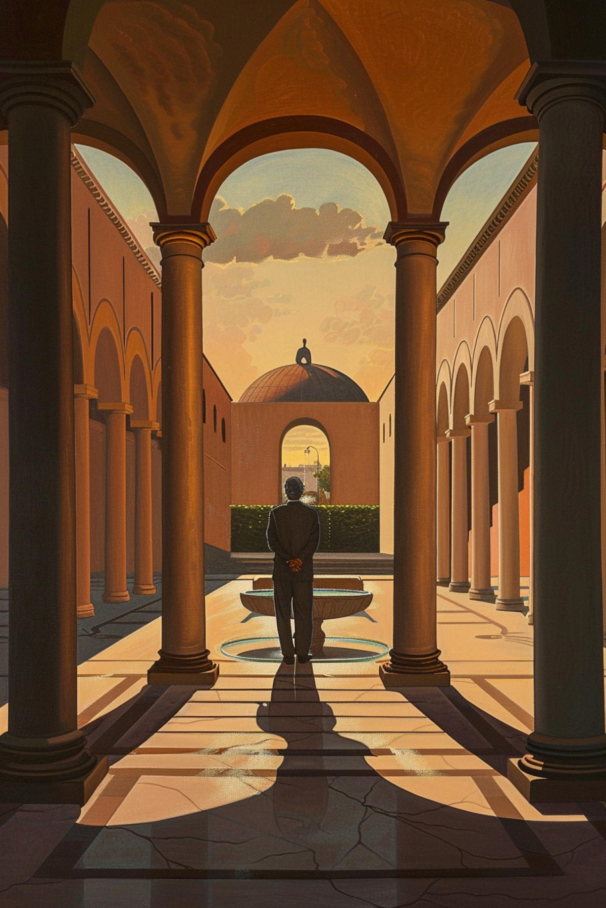 Courtyard, painting in the style of Giorgio de Chirico, high dome with arches, a man in an antique toga stands at the central fountain, a mannequin in a classical suit next to him, the shadows of the columns create geometric patterns on the marble floor, the foreground is a fountain and a man, middle plan mannequin and columns, background arched windows overlooking the sunset, an atmosphere of calm and mystery, a feeling of frozen time, classical architecture and surrealism, works by de Chirico.