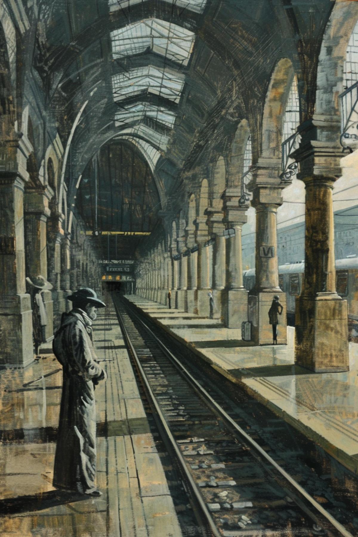 Deserted station, painting in the style of Giorgio de Chirico, long platforms, mannequins in antique togas stand waiting for the train, a lonely man in a hat and cloak walks along the platform, high columns support the glass roof, in the foreground are rails and a man, middle ground are mannequins and columns, background arched windows overlooking city buildings, atmosphere of loneliness and expectation, metaphysical silence, classical architecture, contrast of light and shadow, surreal perspective, works by de Chirico.