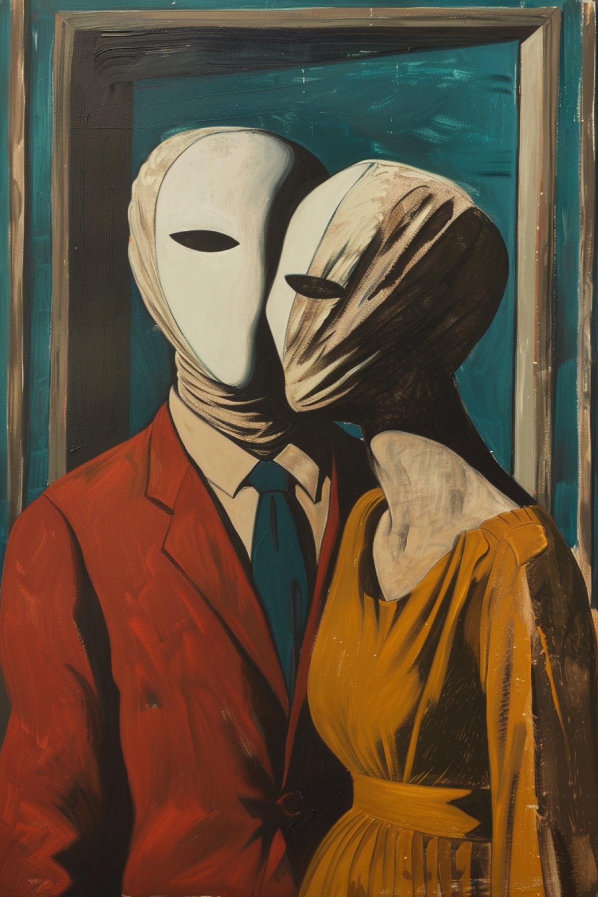 Couple in offence turning from each other portrait without faces without features made of paper and canvas in style of 1910s Giorgio de Chirico bright colours oil canvas