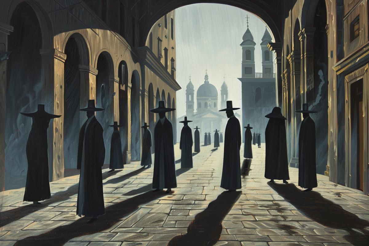 A painting in the style of Giorgio de Chirico, depicting a mysterious cityscape during a plague epidemic in Europe. Classical architecture with empty streets, long shadows, and mannequins wearing plague doctor masks. Background with arches and distant buildings shrouded in mist. Muted colors, eerie atmosphere, somber lighting. Created Using: oil painting techniques, surrealism, classical perspective, chiaroscuro, fine brushwork, high detail, dream-like, realistic textures