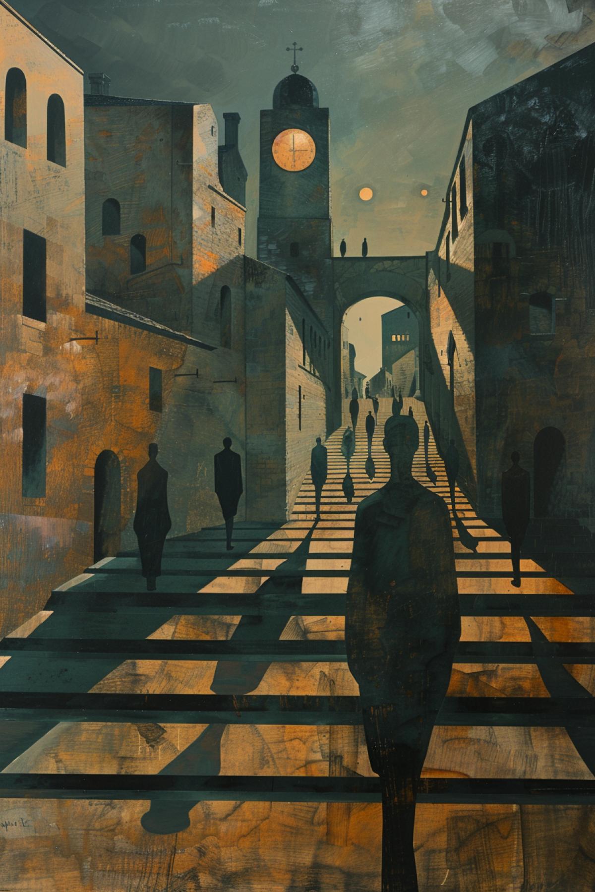 A surreal urban scene in the style of Giorgio de Chirico, featuring a body outlined in chalk on the foreground, surrounded by long shadows and classical statues. Empty streets, background with a distant clock tower and arches. Subdued earth tones, dramatic lighting, melancholic mood. Created Using: oil paints, metaphysical art, Renaissance influence, strong chiaroscuro, detailed textures, precise lines, timeless quality, shadow play