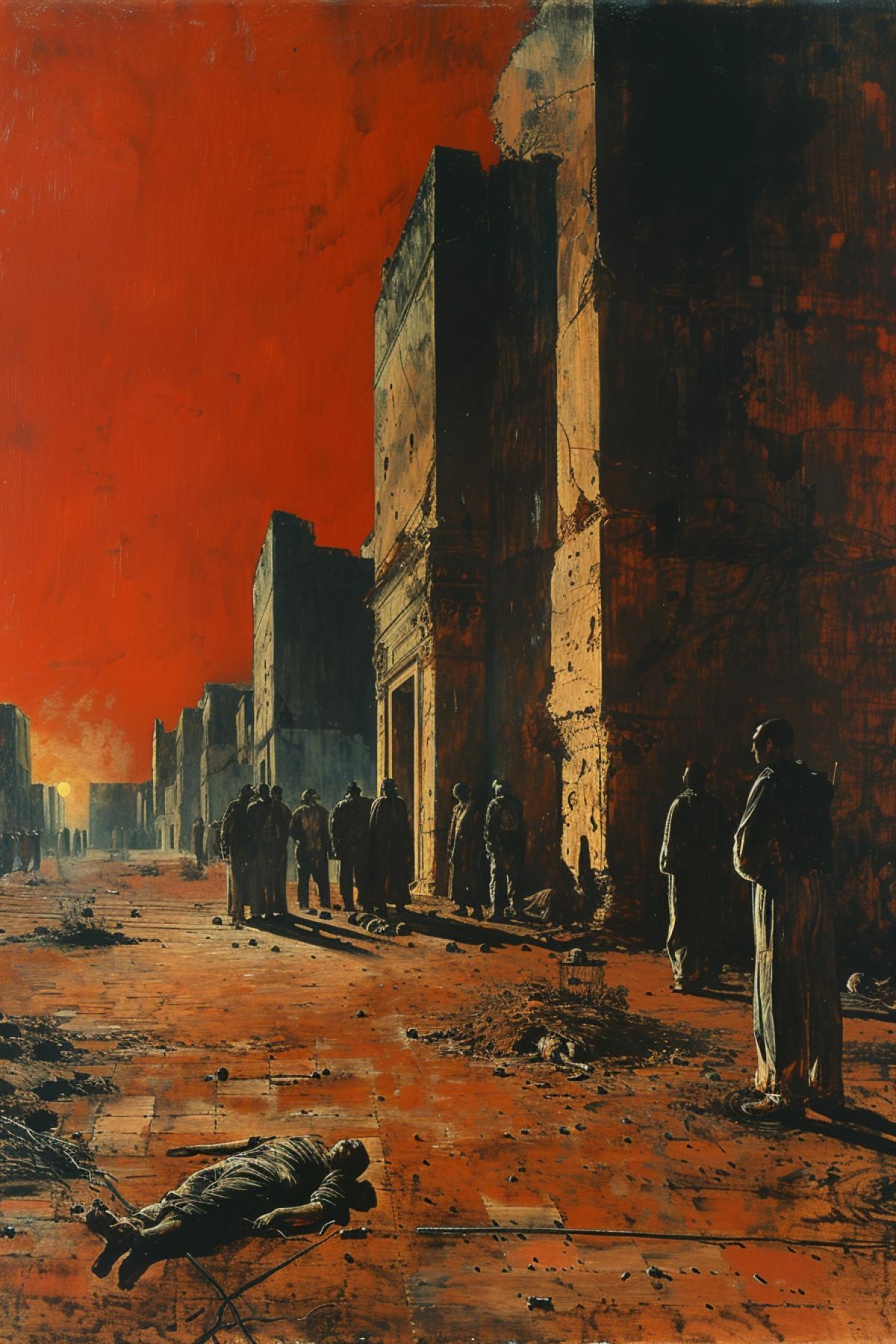 A surreal painting by Giorgio de Chirico, depicting a plague-stricken town square. A body outlined in chalk on the ground and mannequins in protective gear scattered around. Background with towering classical buildings and a setting sun casting long shadows. Muted earth tones, eerie twilight, deep contrasts. Created Using: oil paints, metaphysical art, Renaissance influence, strong chiaroscuro, detailed textures, precise lines, haunting atmosphere, realistic finish
