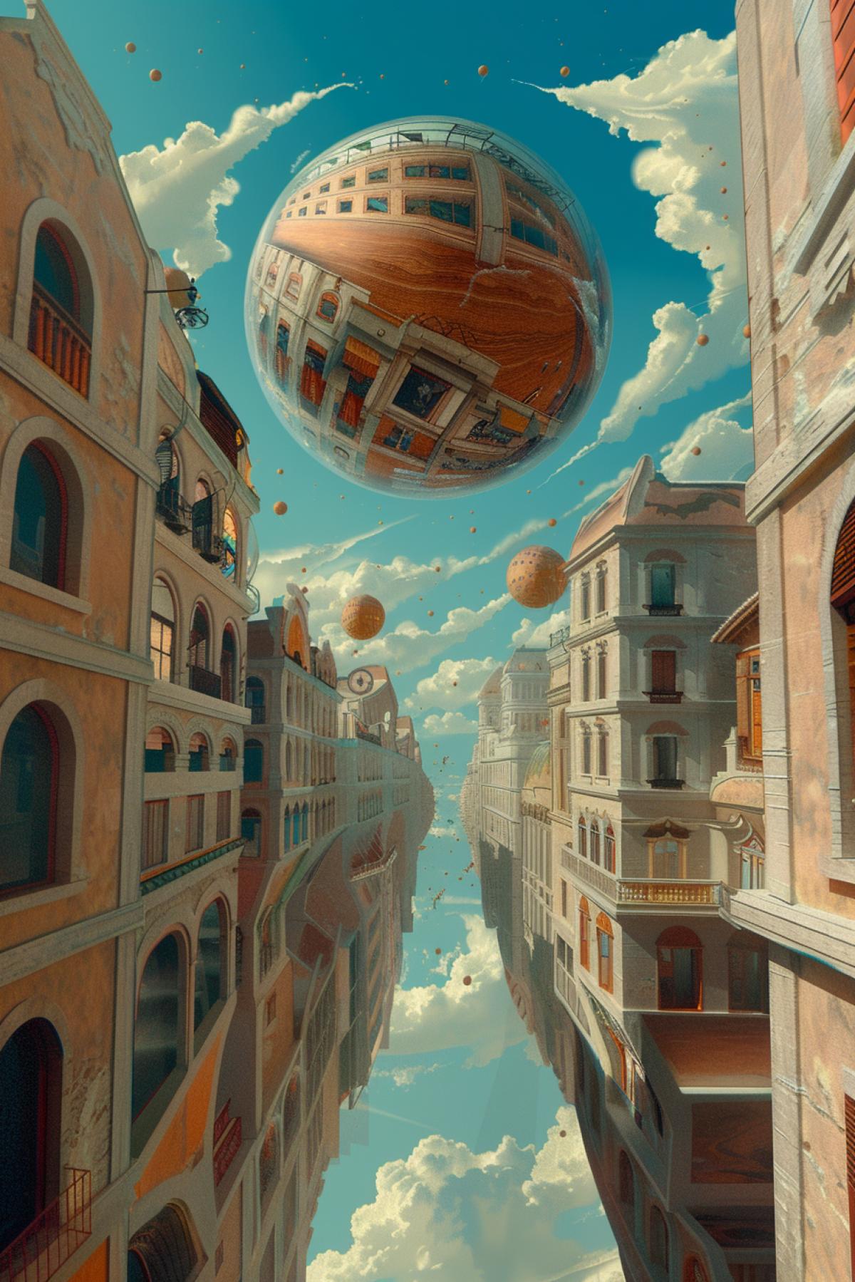 In the style of Giorgio de Chirico, parallel world, flickering, realistic image, ball, geometry, photoshop