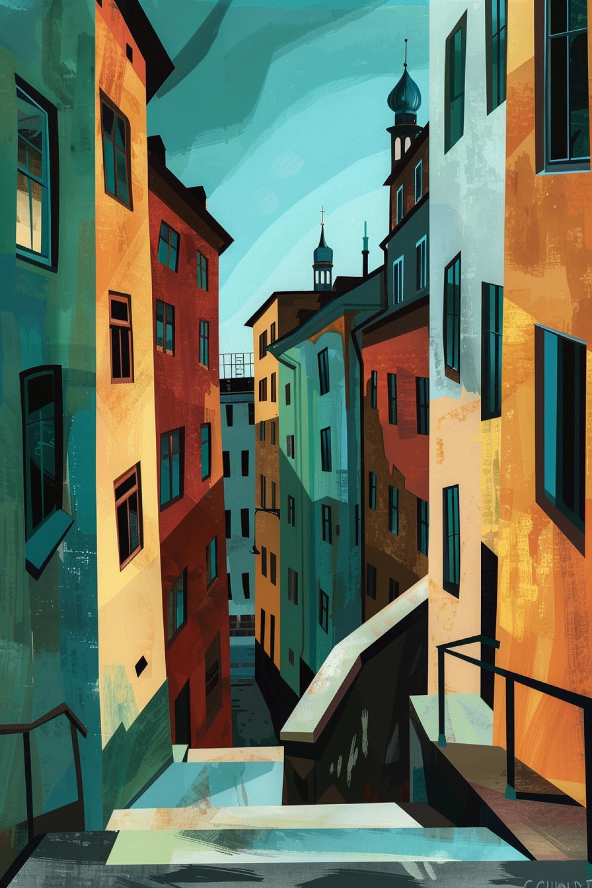 Finnish cityscape. In the style of Giorgio de Chirico