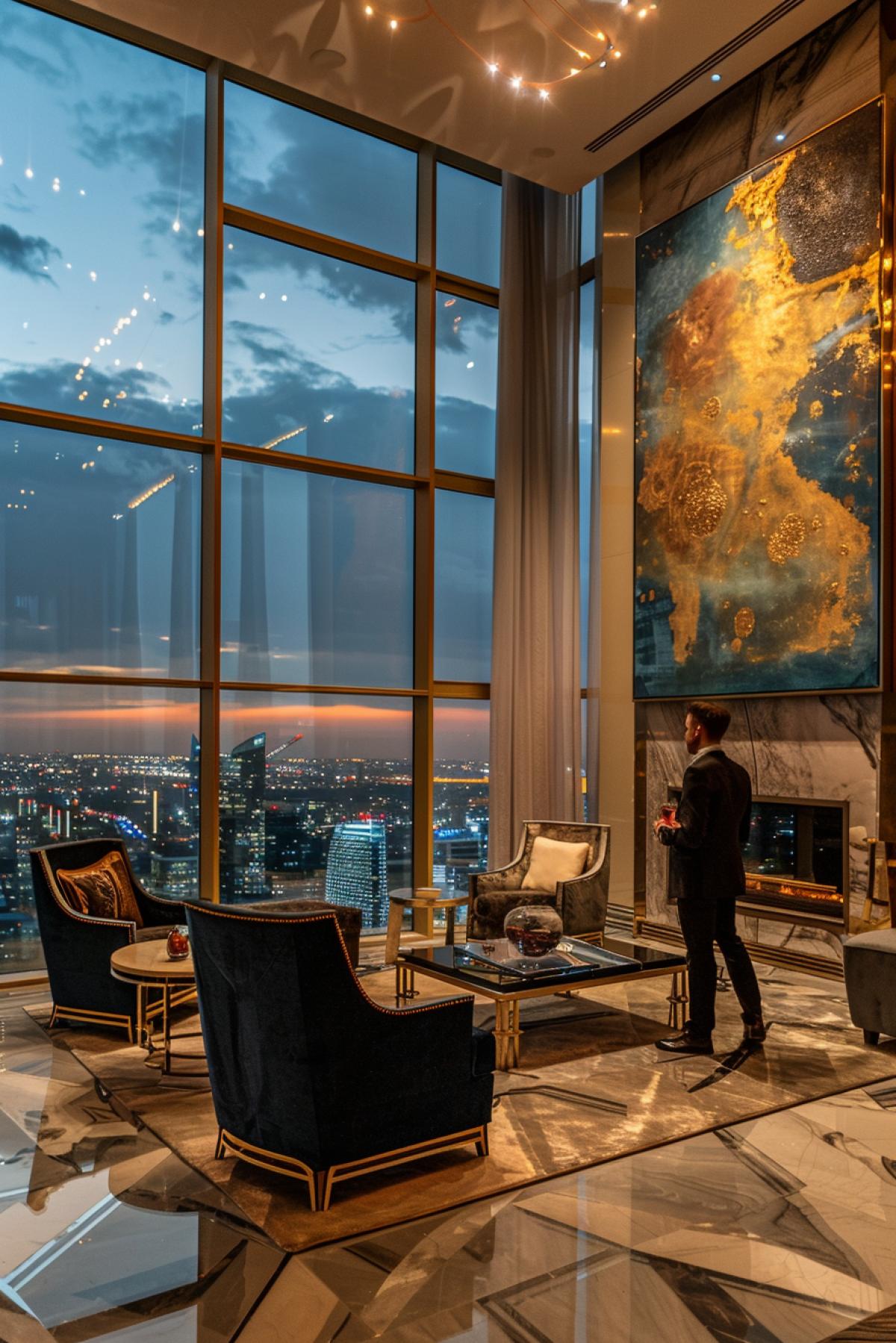 Luxury penthouse on top of a skyscraper, panoramic windows overlooking the city, modern interior design, expensive furniture, a painting on the wall, gold and marble elements, a man in a business suit with a glass of wine, in the foreground designer armchairs and a coffee table, medium shot living area with fireplace, background windows with a night view of the city, atmosphere of wealth and success, warm lighting, deep shadows, contrast of light and dark tones, a feeling of luxury and comfort.