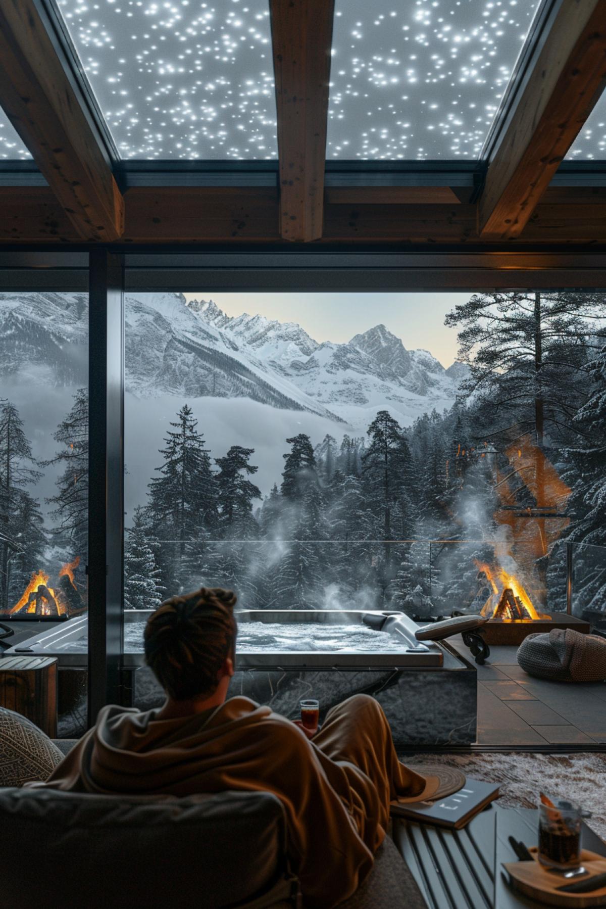 Luxury resort in the mountains, a modern chalet with panoramic windows, in the foreground there is a terrace with a jacuzzi and sun loungers, a man in a robe enjoys a hot drink, the middle plan is a living room with a fireplace and expensive furniture, the background is snow-capped peaks and a dense forest, an atmosphere of comfort and wealth , contrast of warm light and cold shades of snow, a feeling of comfort and luxury, warm lighting, deep shadows, attention to detail, emphasis on nature and lifestyle.