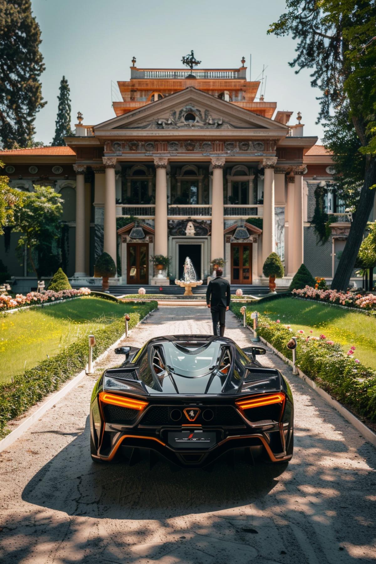 An exclusive sports car in front of a mansion, an elegant garden with a fountain, a man in an expensive suit gets out of the car, in the foreground there is a paved path and green lawns, the middle ground is a car and flower beds, the background is a majestic mansion with columns and large windows, an atmosphere of luxury and success, warm sunlight, bright colors, a feeling of wealth and comfort, attention to detail, emphasis on status and prestige, harmony of nature and architecture.
