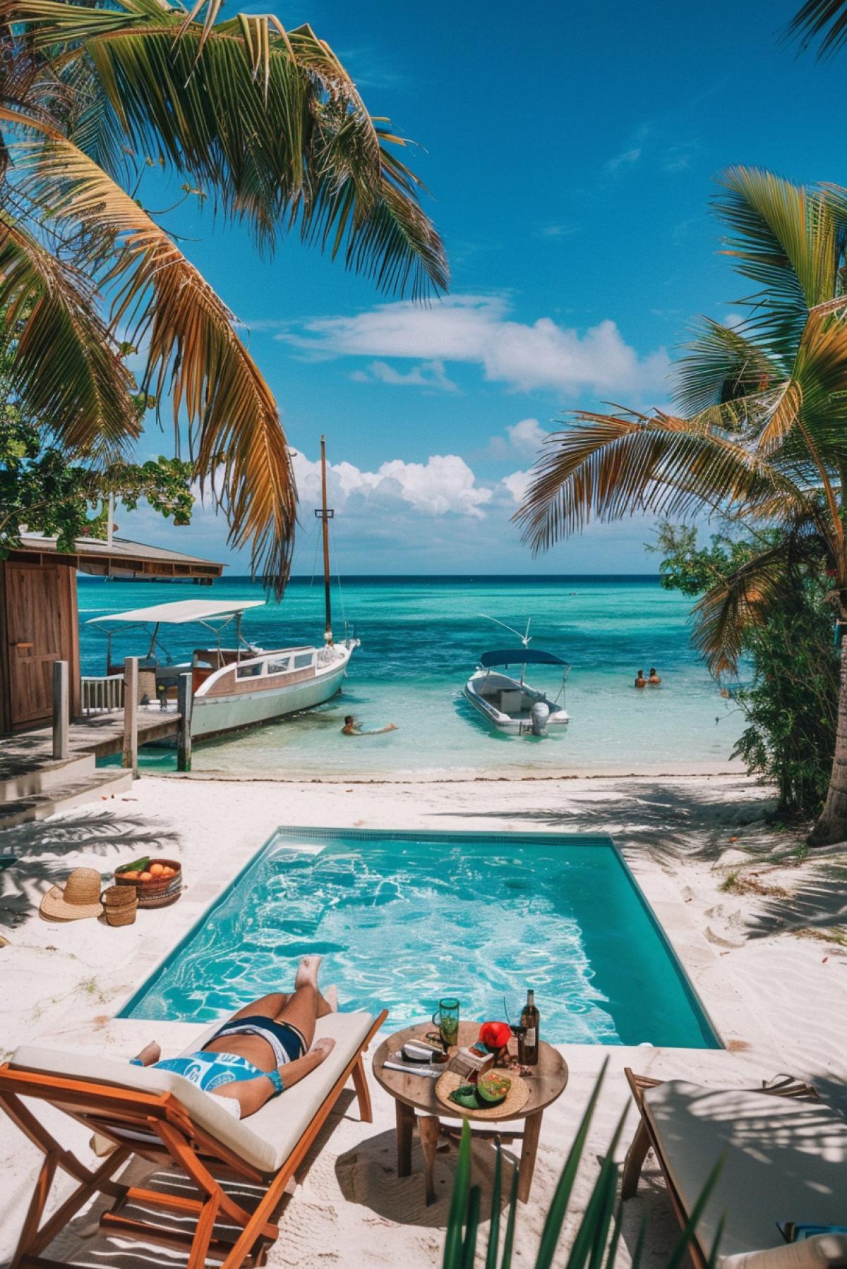Private island with a villa on the shore, white sandy beach, palm trees and turquoise water, in the foreground a yacht at the pier, a man in beachwear lying on a sun lounger, next to a table with exotic drinks, in the middle a swimming pool with a panoramic view of the ocean, background villa with terrace and garden, an atmosphere of tranquility and exclusivity, bright and rich colors, sunlight, warm lighting, a feeling of serenity and luxury, an emphasis on nature and comfort.