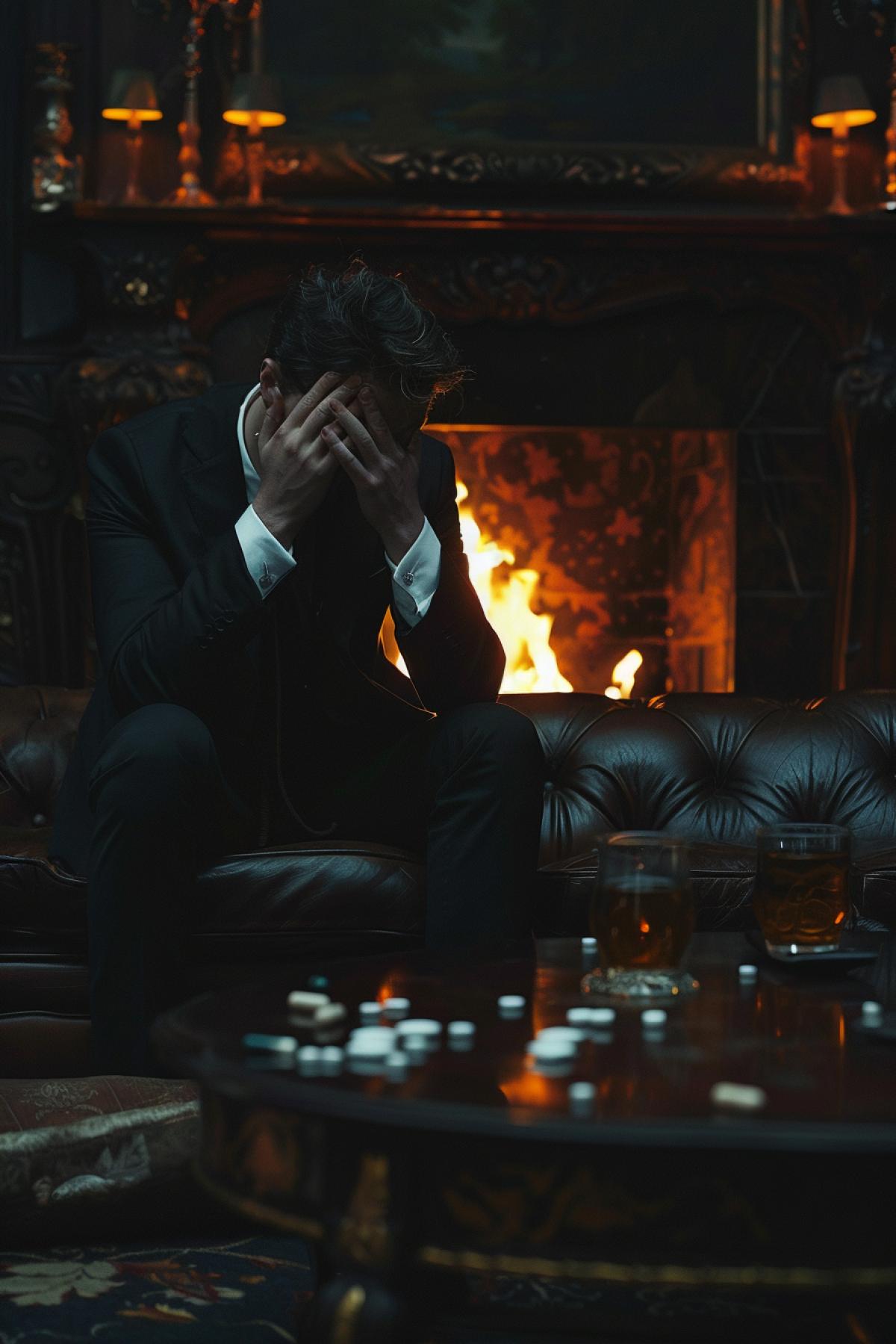 Luxurious living room in a mansion, close-up of a man in an expensive suit sitting on the edge of a leather sofa, his hands clasped his head, on the table in front of him there are empty glasses and scattered pills, his face is hidden in the shadows, a fireplace with a dying fire is visible behind him, an atmosphere of despair and loneliness , dim lighting, deep shadows, contrast of luxury and inner pain, a feeling of isolation and hopelessness, emphasis on the emotional state and despair.