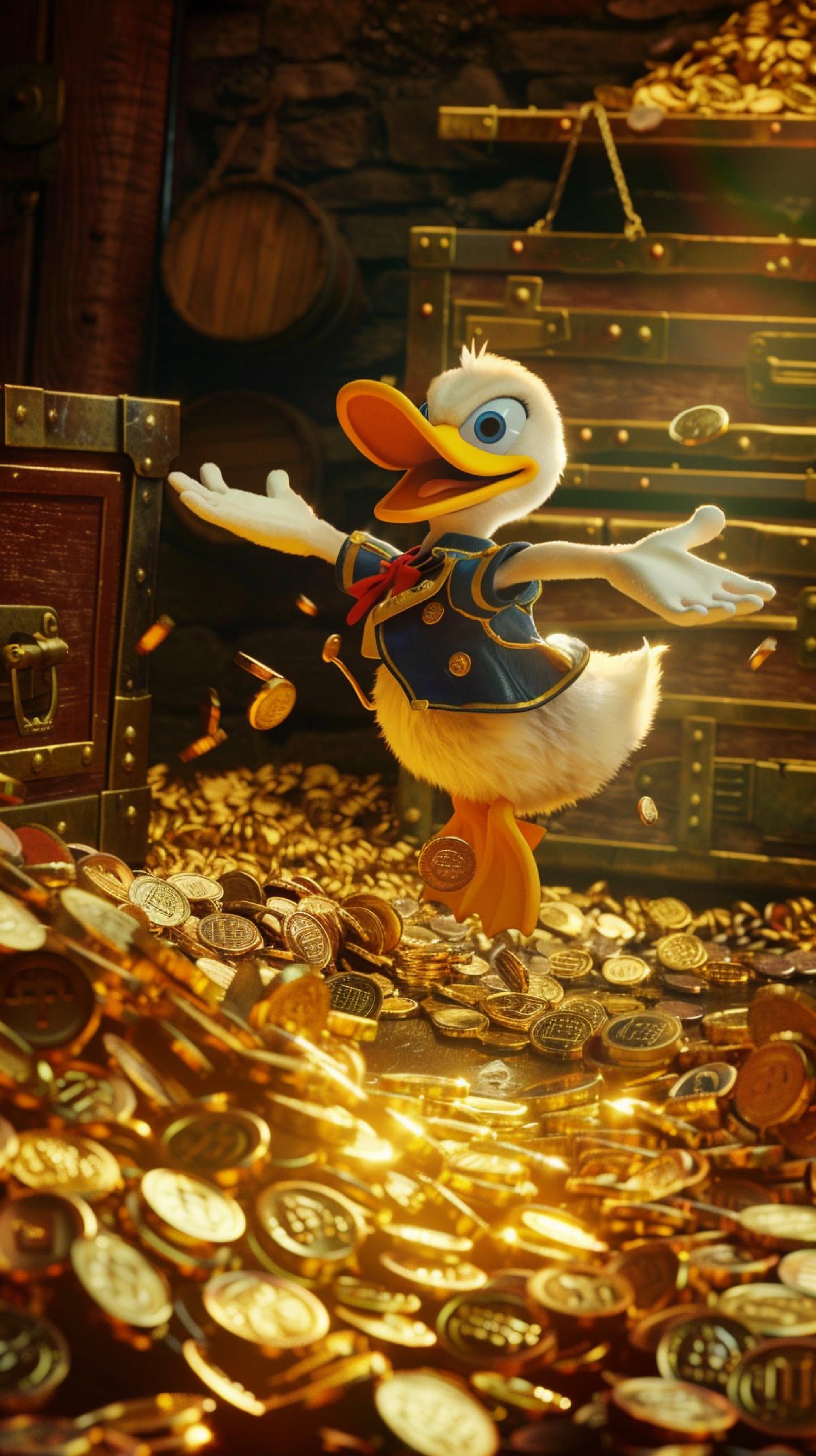 A realistic photograph of Donald Duck, mid-jump with an excited expression, dynamic 4k, diving into a pile of gold coins inside a vault. Background: coins and treasures everywhere. Warm, vivid colors, dramatic lighting, shadows enhancing depth. Created Using: film camera, classic Disney animation style, detailed shading, realistic expressions, HD quality, natural look, vibrant tones