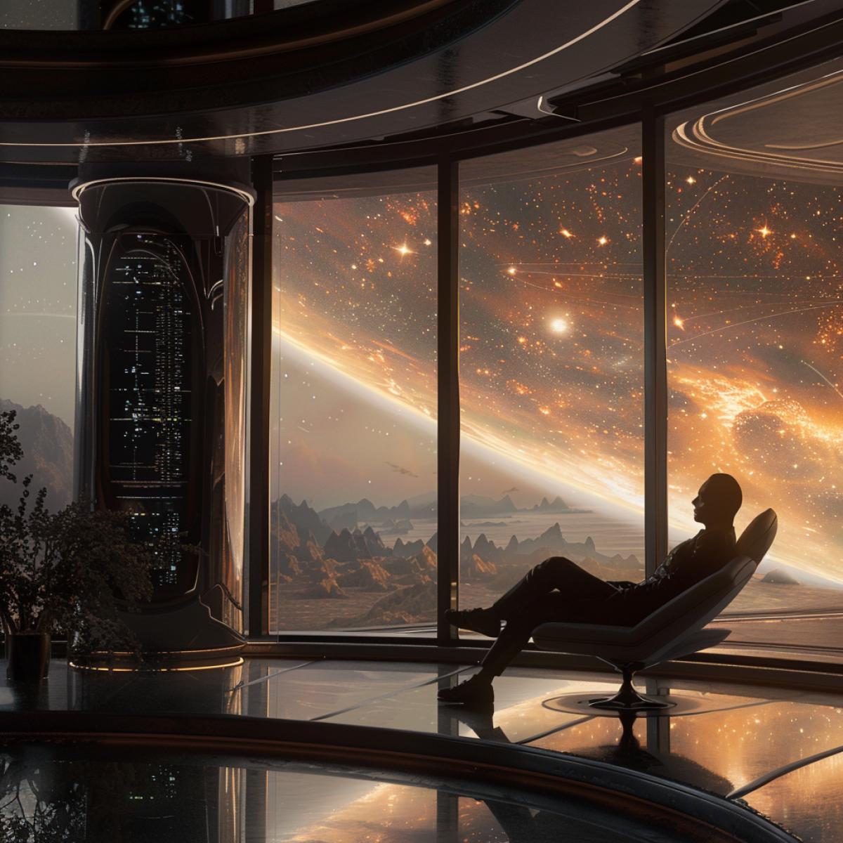 A cinematic scene of a billionaire in a futuristic high-tech floating mansion, with panoramic windows showing a stunning view of a distant galaxy. The mansion is filled with holographic art pieces and advanced AI servants. The billionaire is sitting in a levitating chair, looking thoughtfully into the cosmos. Created Using: high-end CGI, hyper-realistic textures, sleek design, futuristic elements, space art, holographic effects, ultra-wide lens perspective, detailed background, ambient lighting