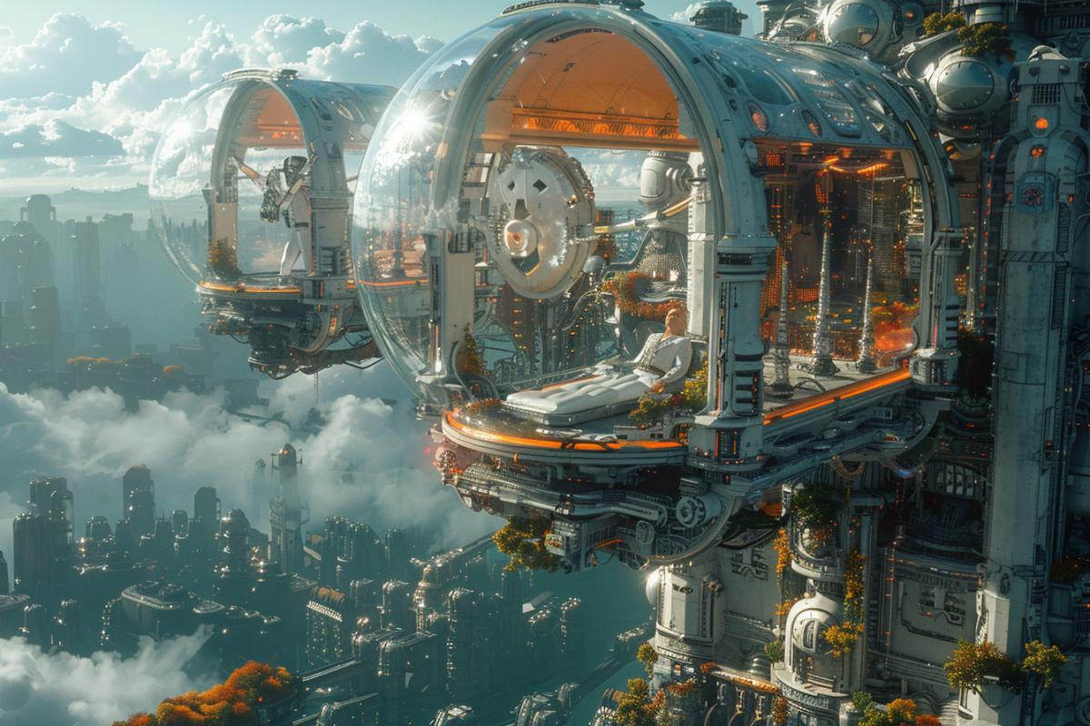 A whimsical scene of a billionaire relaxing in a floating glass palace above a futuristic city, with robotic servants attending to their every need. The palace is adorned with rare jewels and priceless art, and the billionaire is lounging on a floating chaise, gazing out over the cityscape below. Created Using: hyper-realistic textures, advanced CGI, futuristic elements, intricate glass and jewel details, vibrant color palette, dynamic lighting, high resolution, surreal atmosphere v 6.0