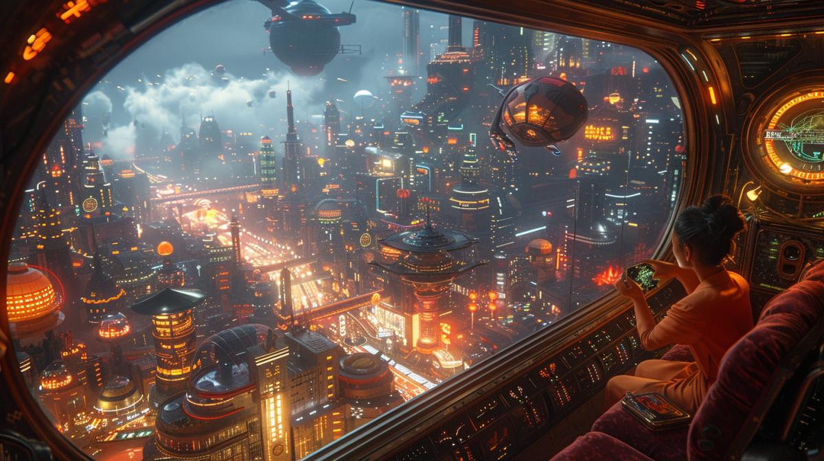 A retrofuturistic scene of a billionaire in a luxurious art-deco spaceship, flying over a neon-lit 1950s-style city with towering buildings and flying cars. The interior of the spaceship is adorned with velvet seats, brass fixtures, and holographic controls. The billionaire is dressed in a stylish 1950s-inspired suit with futuristic accessories, enjoying arockettail while gazing out of the panoramic windows. Created Using: detailed retro textures, vibrant neon colors, dynamic lighting, art-deco design, futuristic elements, high resolution, cinematic com4k, ultra-high detail