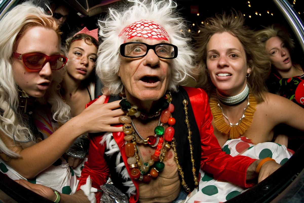 A rich, well-fed old man surrounded by many beautiful women in s