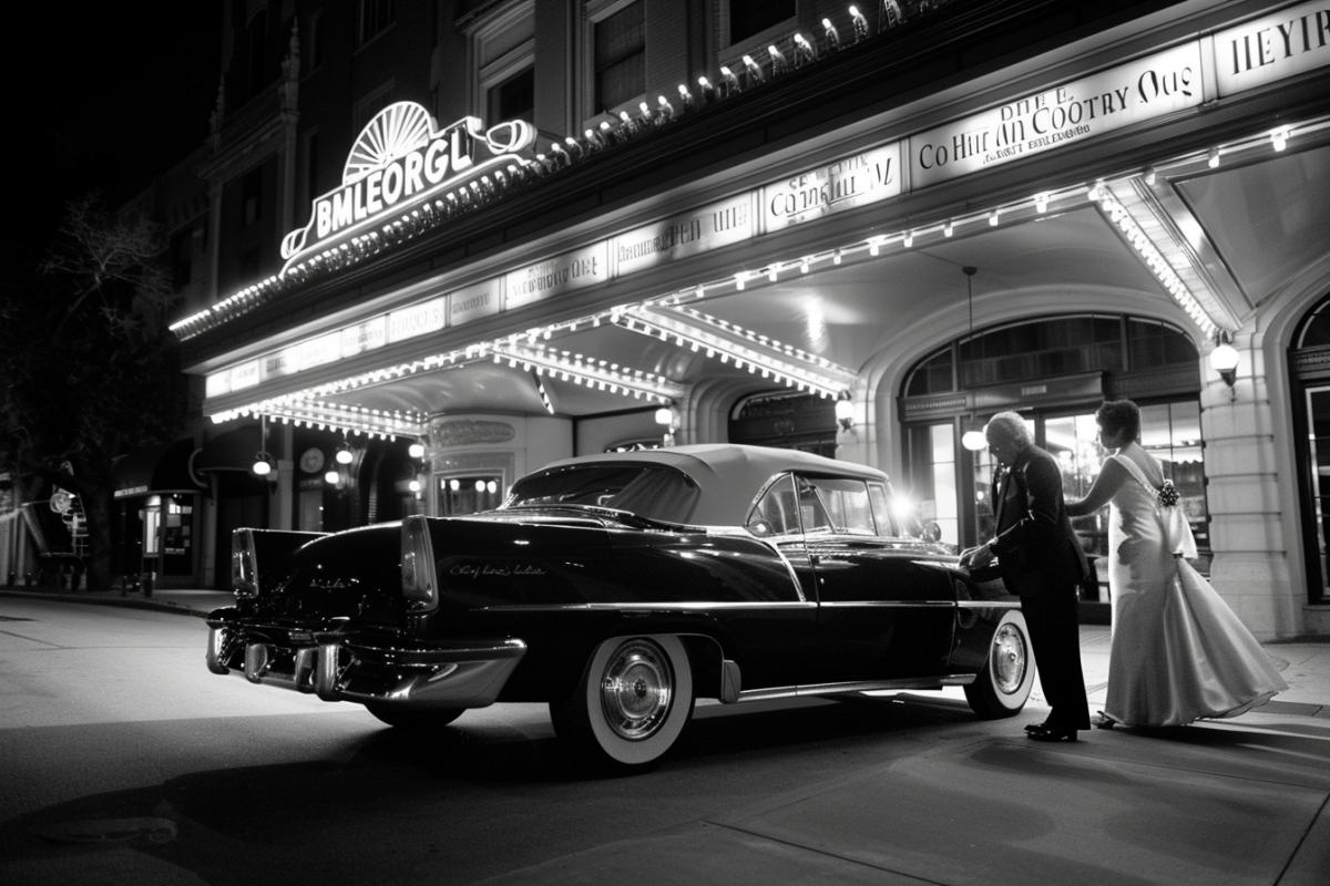 A dramatic dark-and-white scene of a billionaire stepping out of a classic 1950s convertible in front of a grand theater. The billionaire is dressed in a stylish suit, with a glamorous companion by their side, as paparazzi flash their cameras. The marquee above the theater advertises a prestigious event, creating an aura of fame and wealth. Created Using: vintage film noir style, high-contrast lighting, detailed textures, classic 1950s fashion, dynamic com4k, dark-and-white color scheme, cinematic realism, ultra-high detail