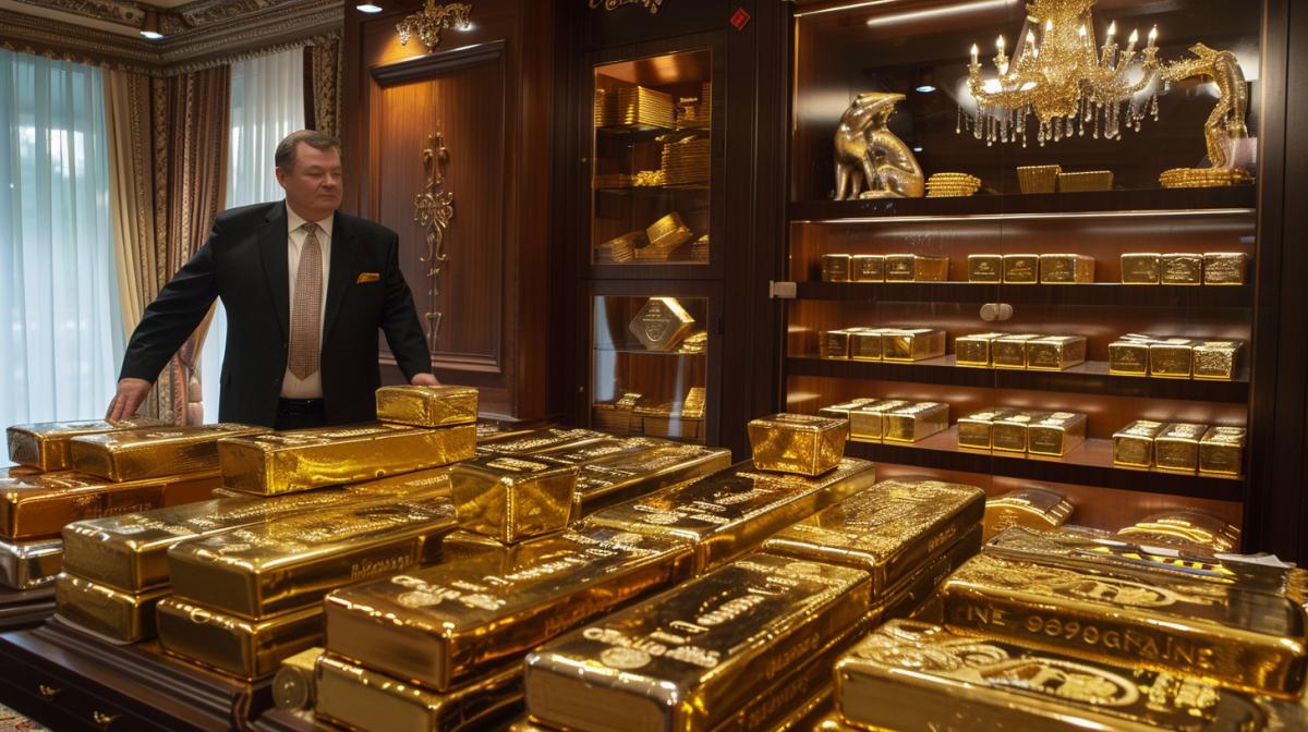 billionaire counts gold bars in an expensive apartment